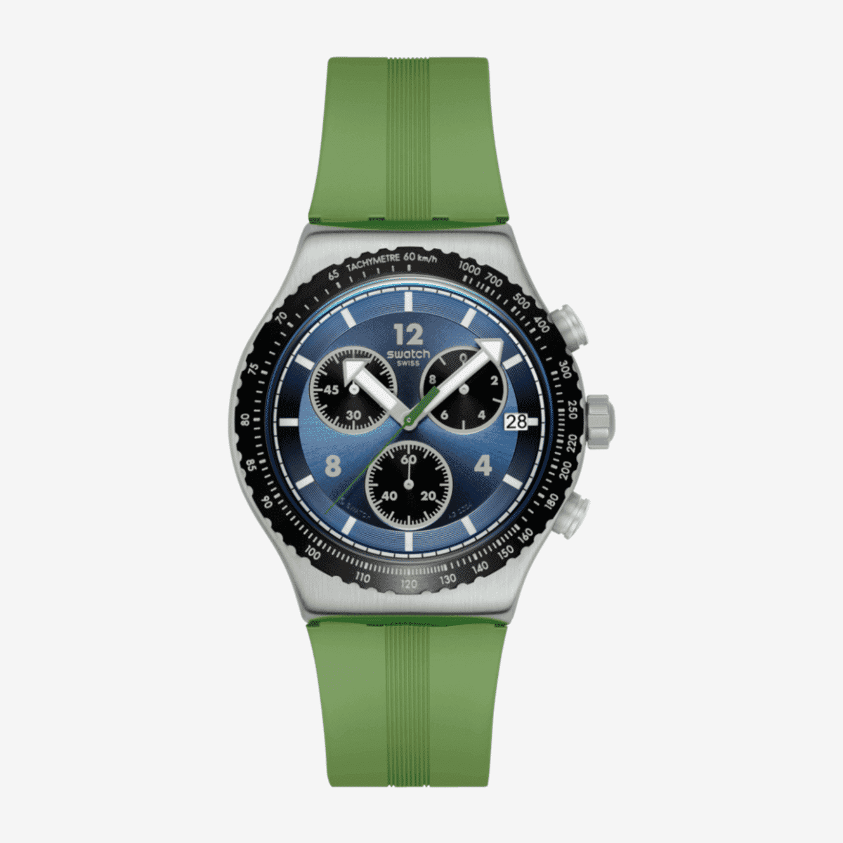Vista frontal del Reloj Swatch Dusk Thru the Leaves con brazalete de goma verde y esfera azul - YVS531 Vista frontal del Reloj Swatch Dusk Thru the Leaves con brazalete de goma verde y esfera azul - YVS531