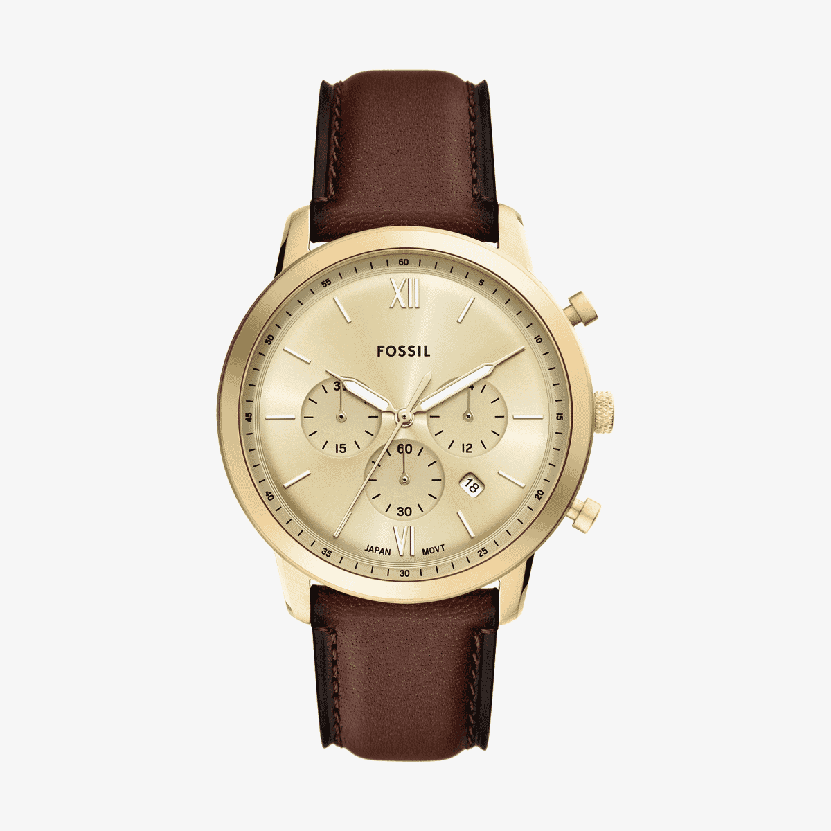 Reloj Fossil Neutra con cronógrafo y correa de piel marrón vista frontal - FS6113 Reloj Fossil Neutra con cronógrafo y correa de piel marrón vista frontal - FS6113