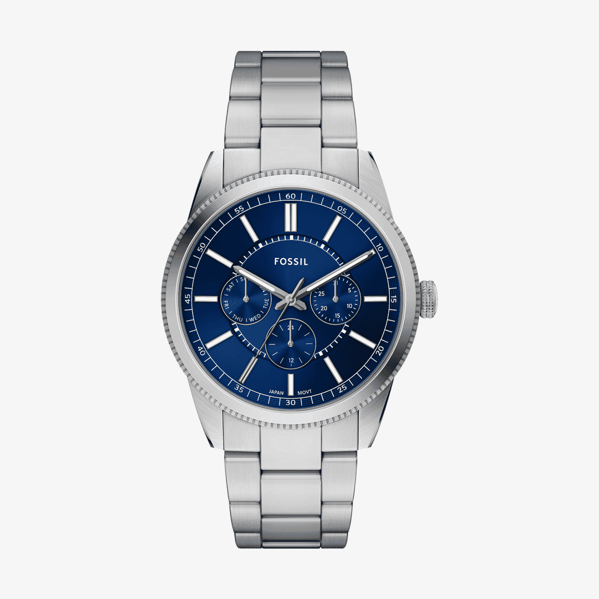 Reloj multifunción Pearson de Fossil con brazalete de acero inoxidable y esfera azul vista frontal - FS6134 Reloj multifunción Pearson de Fossil con brazalete de acero inoxidable y esfera azul vista frontal - FS6134