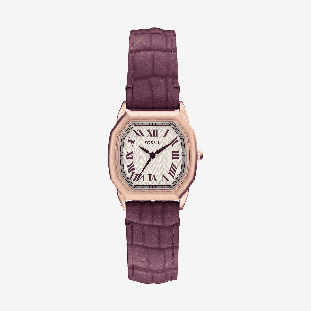 Reloj Fossil Harlow ES5428 con brazalete de piel morada y caja oro rosa vista frontal - ES5428 Reloj Fossil Harlow ES5428 con brazalete de piel morada y caja oro rosa vista frontal - ES5428