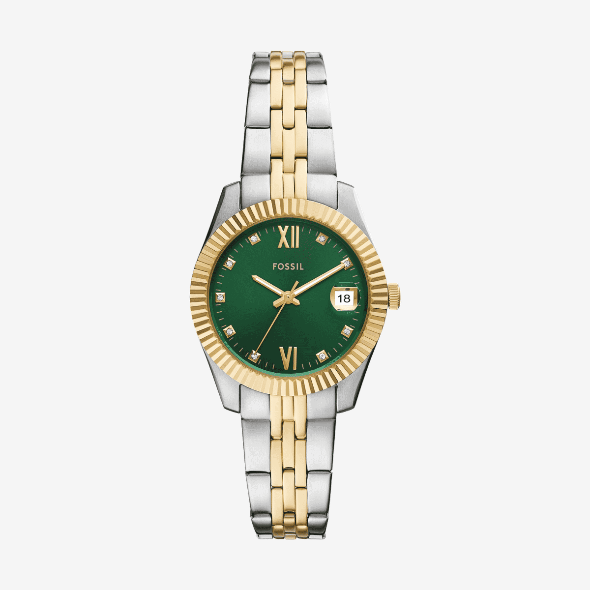 Reloj Fossil Scarlette ES5388 con brazalete bicolor de acero inoxidable y esfera verde vista frontal - ES5388 Reloj Fossil Scarlette ES5388 con brazalete bicolor de acero inoxidable y esfera verde vista frontal - ES5388
