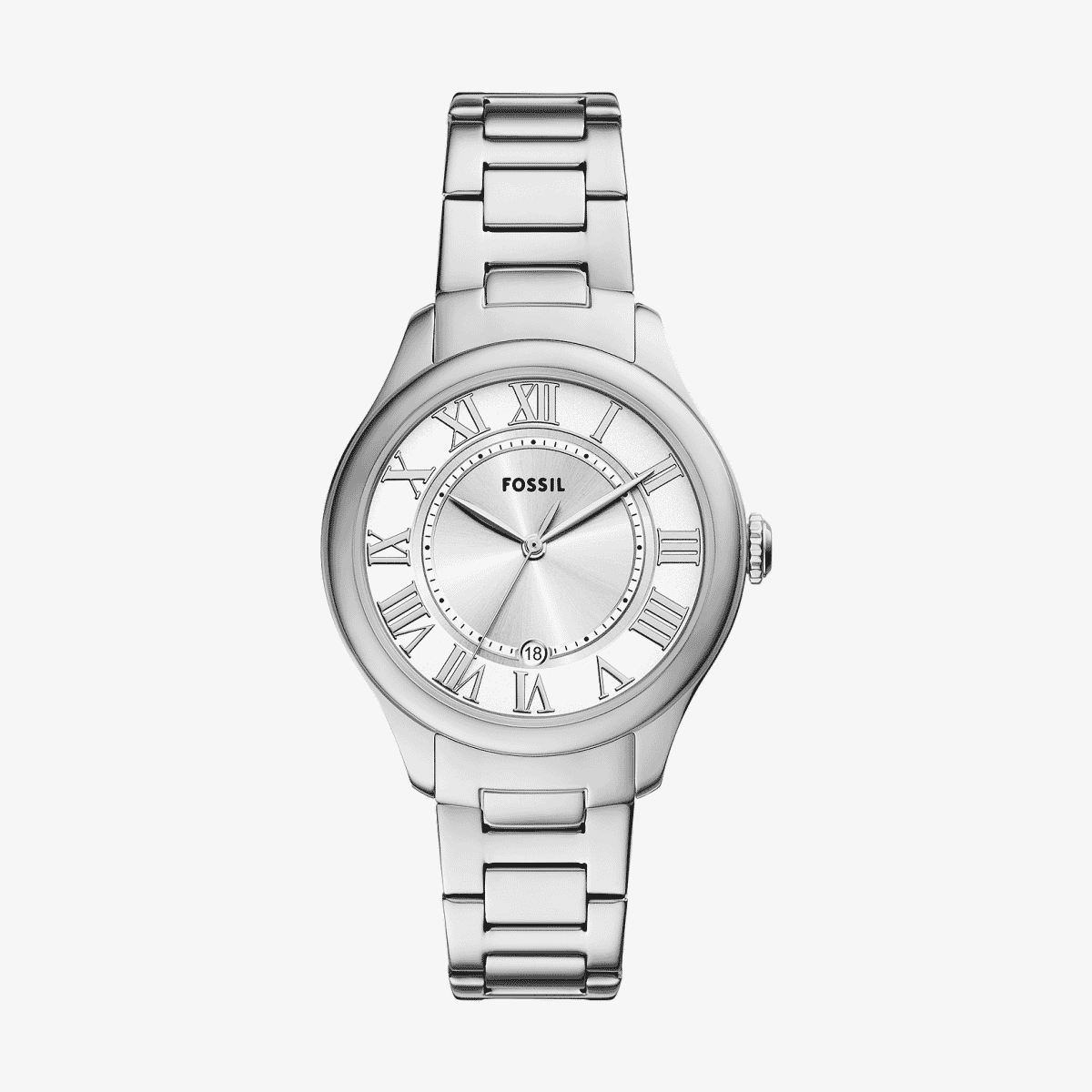 Reloj Fossil Gilmore ES5393 con brazalete de acero inoxidable plateado y esfera plateada vista frontal - ES5393 Reloj Fossil Gilmore ES5393 con brazalete de acero inoxidable plateado y esfera plateada vista frontal - ES5393