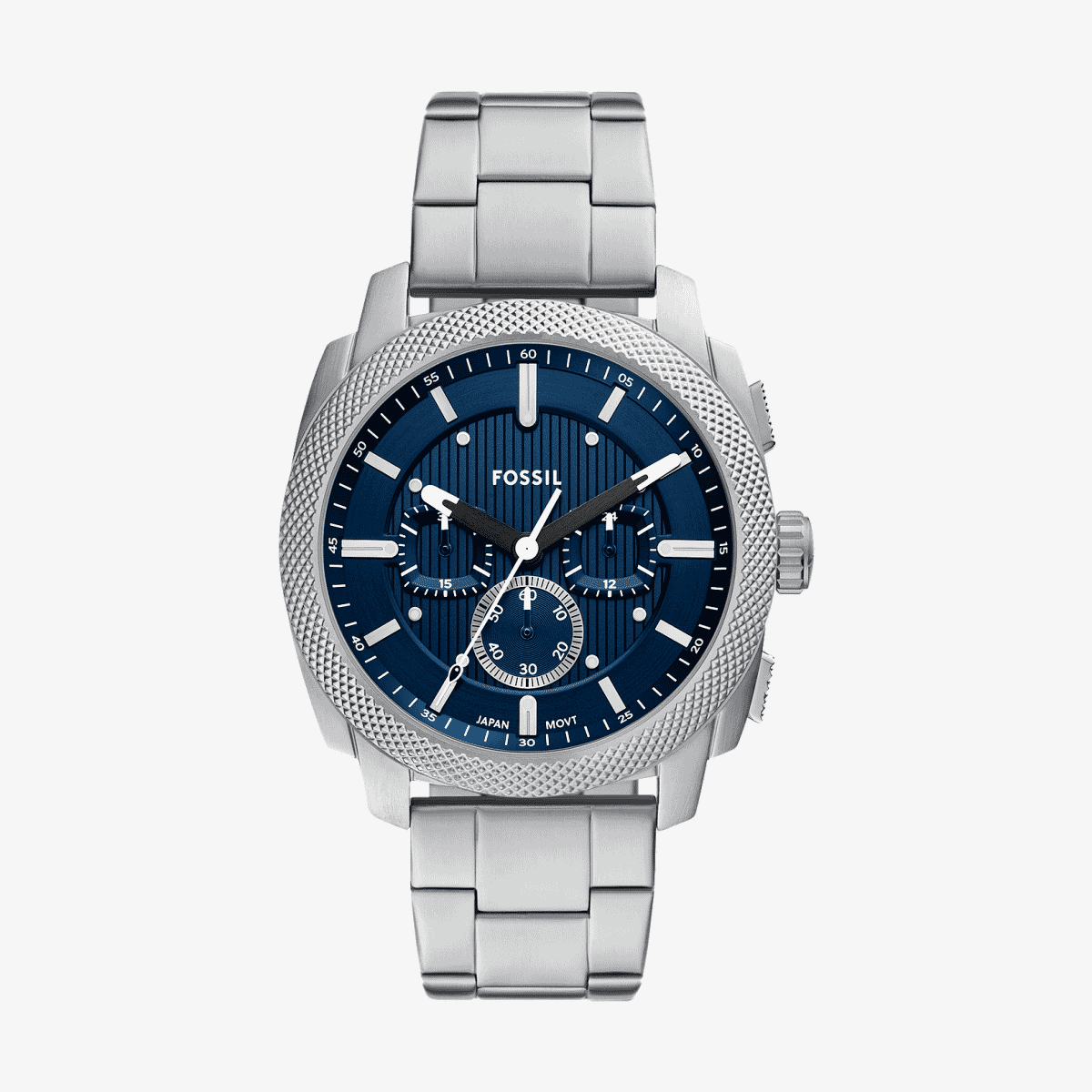 Reloj Fossil Machine FS6096 con brazalete de acero inoxidable plateado y esfera azul vista frontal - FS6096 Reloj Fossil Machine FS6096 con brazalete de acero inoxidable plateado y esfera azul vista frontal - FS6096
