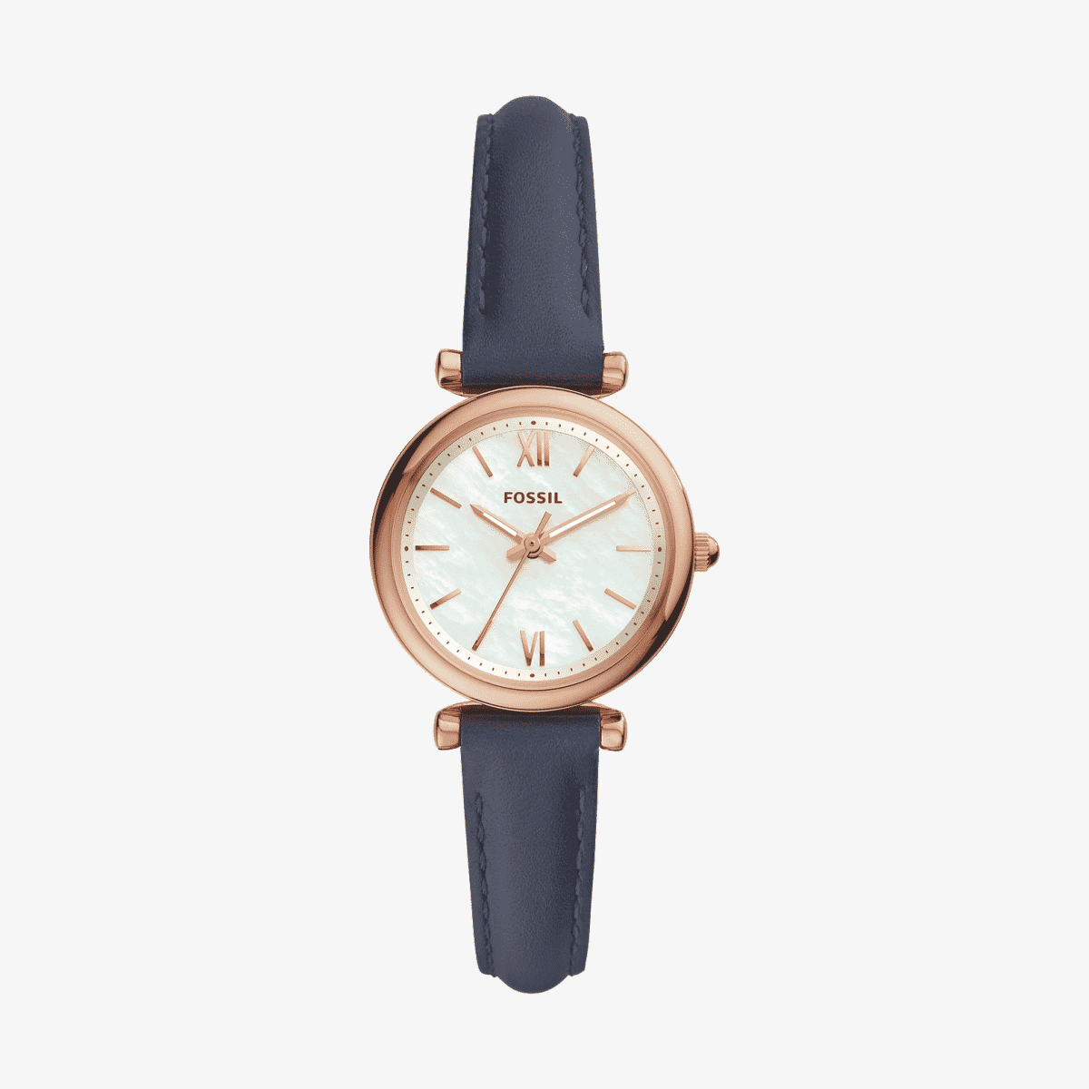 Reloj Fossil Carlie Mini con correa de piel azul y caja oro rosa vista frontal - ES4502 Reloj Fossil Carlie Mini con correa de piel azul y caja oro rosa vista frontal - ES4502