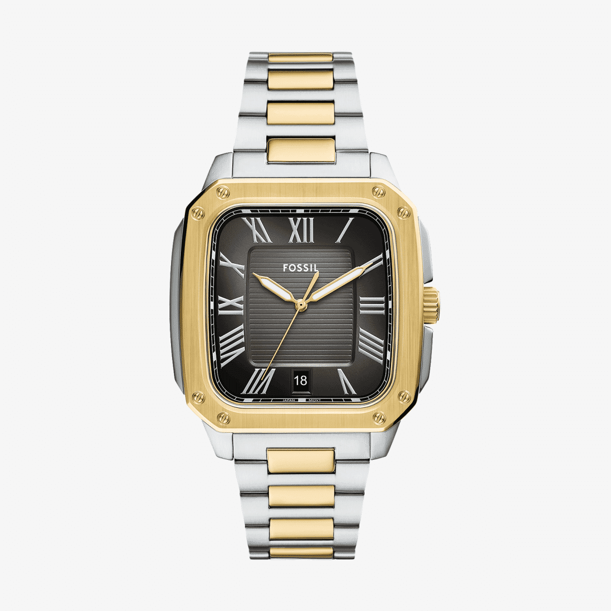 Reloj Fossil Crosby FS6123 con brazalete bicolor de acero inoxidable y esfera negra vista frontal - FS6123 Reloj Fossil Crosby FS6123 con brazalete bicolor de acero inoxidable y esfera negra vista frontal - FS6123