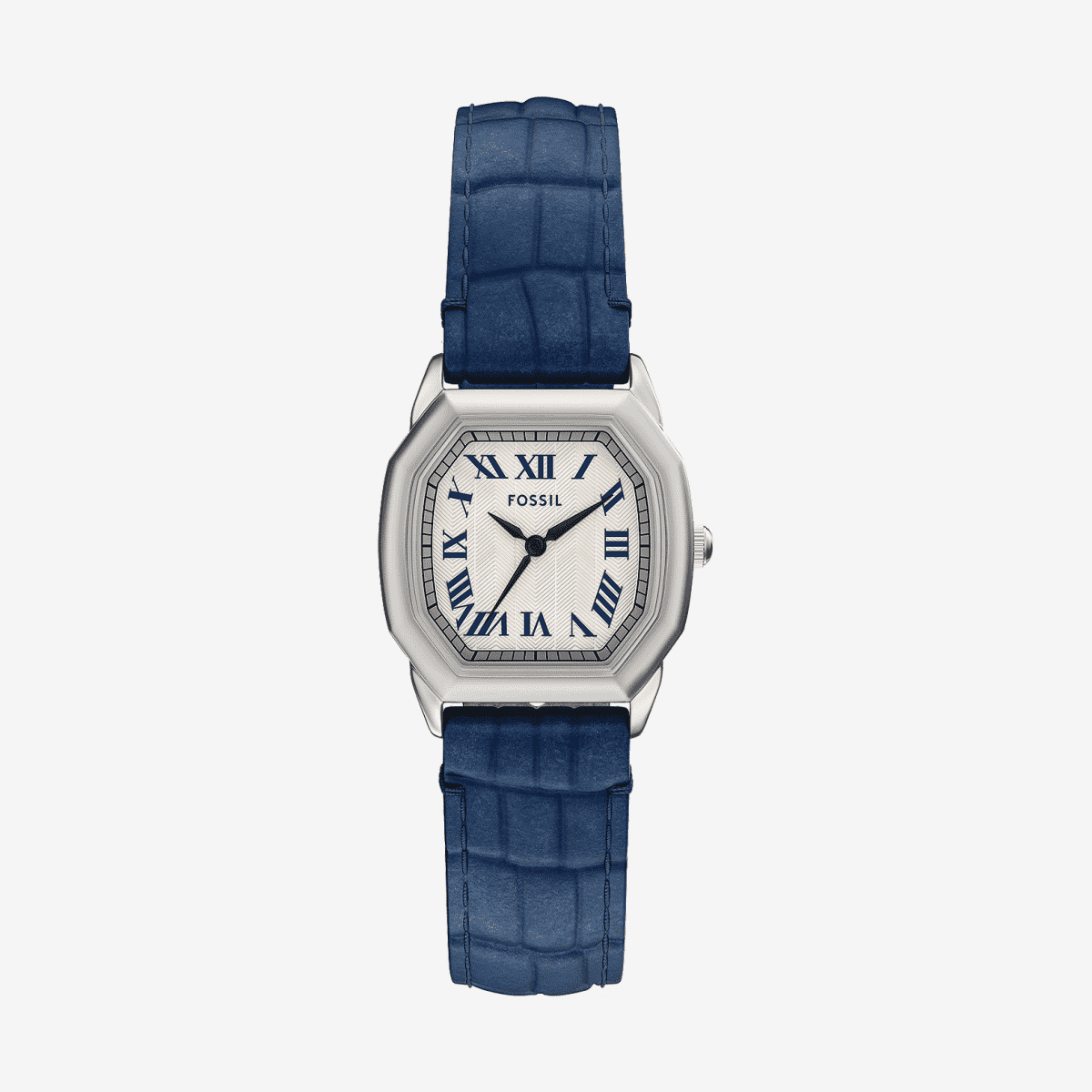 Reloj Fossil Harlow ES5425 con brazalete de piel azul y caja plateada vista frontal - ES5425 Reloj Fossil Harlow ES5425 con brazalete de piel azul y caja plateada vista frontal - ES5425