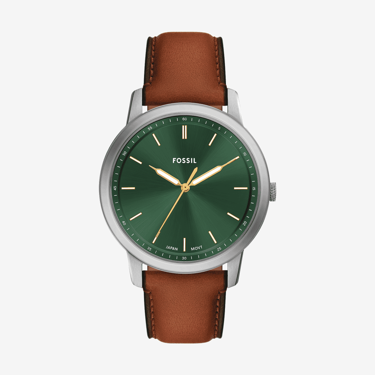 Reloj Fossil Minimalist FS6094 con caja plateada y correa de piel marrón vista frontal - FS6094 Reloj Fossil Minimalist FS6094 con caja plateada y correa de piel marrón vista frontal - FS6094