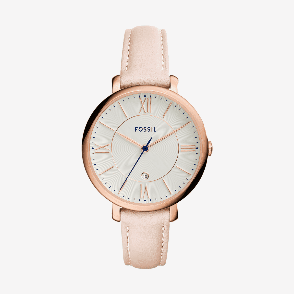 Reloj Fossil Jacqueline ES3988 con caja oro rosa y brazalete de piel rosada vista frontal - ES3988 Reloj Fossil Jacqueline ES3988 con caja oro rosa y brazalete de piel rosada vista frontal - ES3988