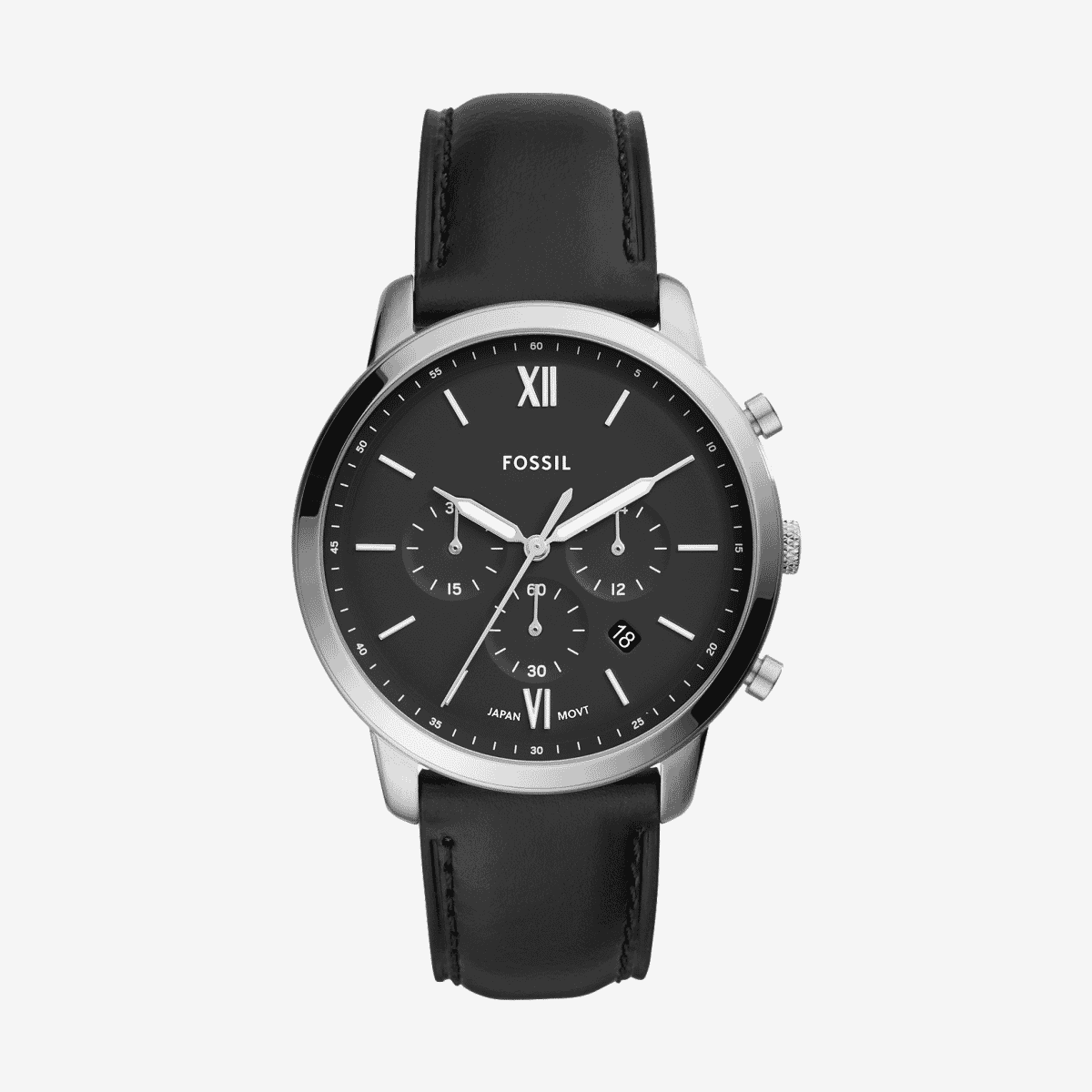 Reloj Fossil Neutra de piel negra y con cronógrafo vista frontal - FS5452 Reloj Fossil Neutra de piel negra y con cronógrafo vista frontal - FS5452