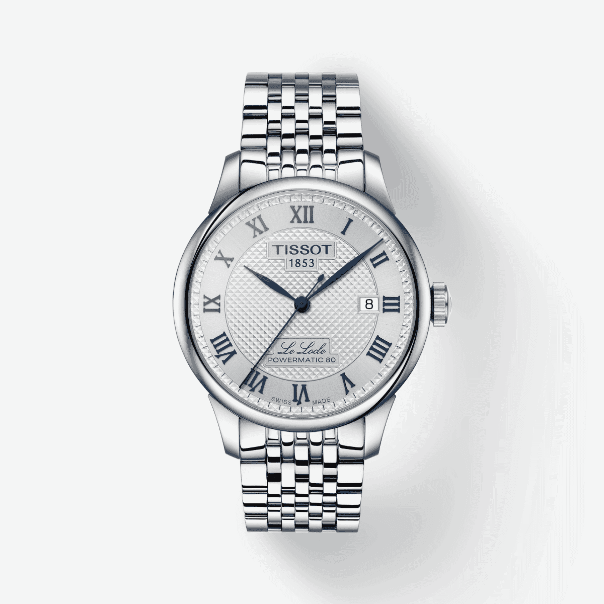 Reloj Tissot Le Locle Powermatic 80 20th Anniversary con brazalete de acero inoxidable y esfera plateada vista frontal - T0064071103303 Reloj Tissot Le Locle Powermatic 80 20th Anniversary con brazalete de acero inoxidable y esfera plateada vista frontal - T0064071103303