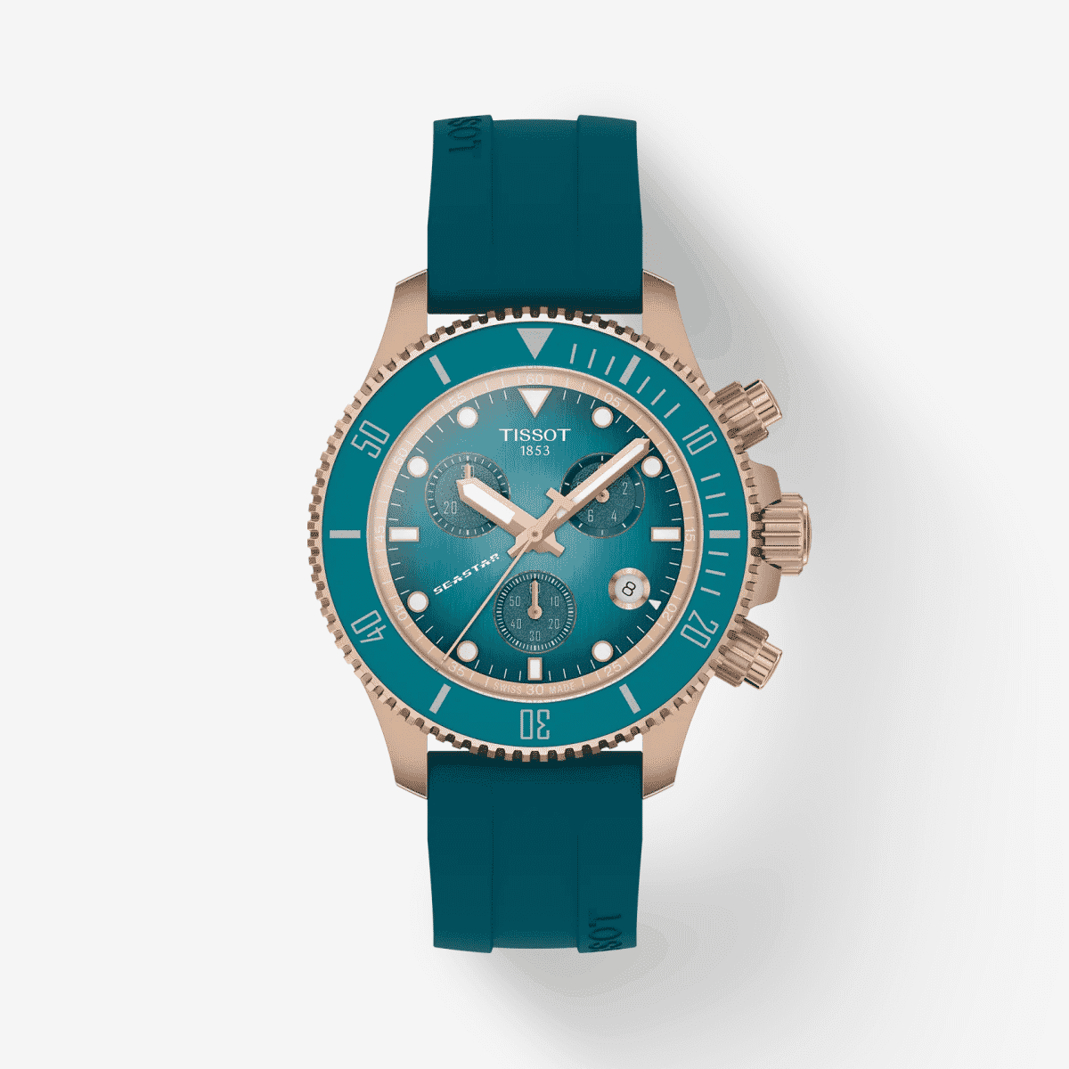 Vista frontal del reloj Tissot Seastar 1000 Quartz Chronograph con brazalete de silicona verde y esfera turquesa - T1202173704100 Vista frontal del reloj Tissot Seastar 1000 Quartz Chronograph con brazalete de silicona verde y esfera turquesa - T1202173704100