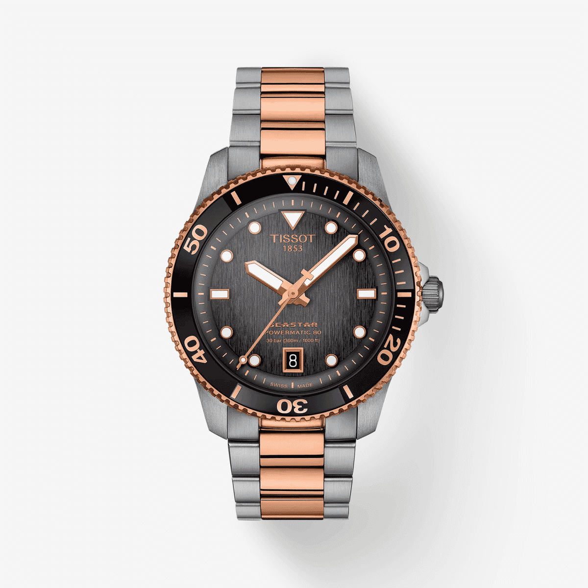 Vista frontal del reloj Tissot Seastar 1000 Powermatic 80 40mm con brazalete bicolor y esfera gris - T1208072205101 Vista frontal del reloj Tissot Seastar 1000 Powermatic 80 40mm con brazalete bicolor y esfera gris - T1208072205101