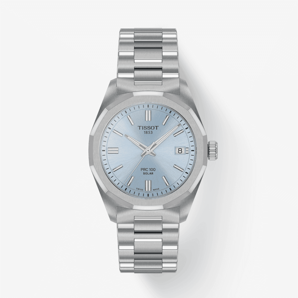 Reloj Tissot PRC 100 Solar 34mm con brazalete de acero y esfera azul hielo vista frontal - T1518221135100 Reloj Tissot PRC 100 Solar 34mm con brazalete de acero y esfera azul hielo vista frontal - T1518221135100