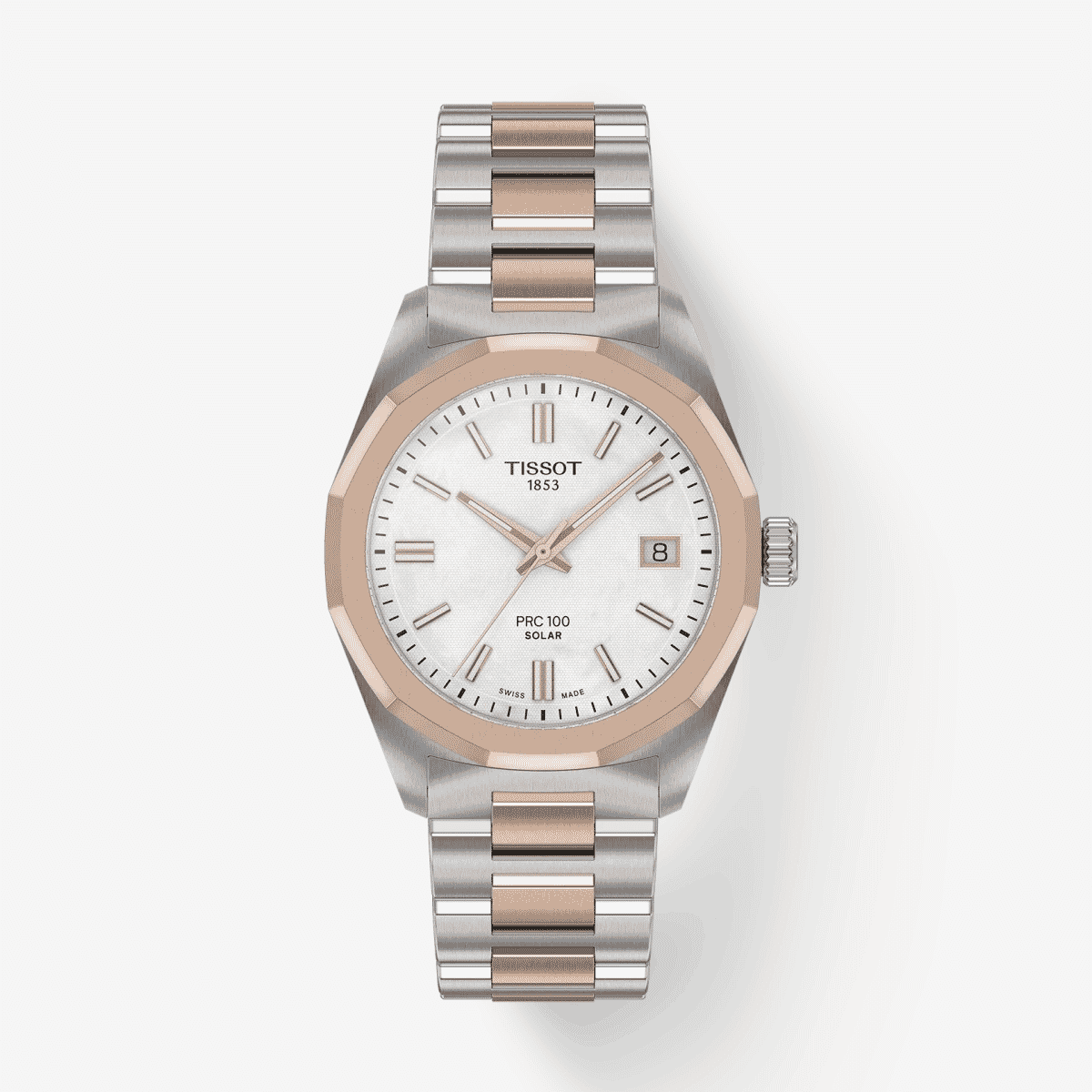 Reloj Tissot PRC 100 Solar 34mm con brazalete bicolor y esfera blanca vista frontal - T1518222211100 Reloj Tissot PRC 100 Solar 34mm con brazalete bicolor y esfera blanca vista frontal - T1518222211100