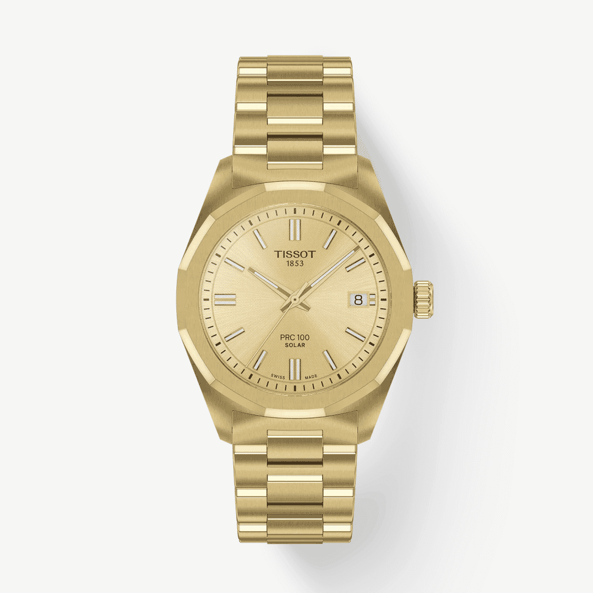 Reloj Tissot PRC 100 Solar 34mm con brazalete de acero chapado en oro y esfera dorada vista frontal - T1518223302100 Reloj Tissot PRC 100 Solar 34mm con brazalete de acero chapado en oro y esfera dorada vista frontal - T1518223302100