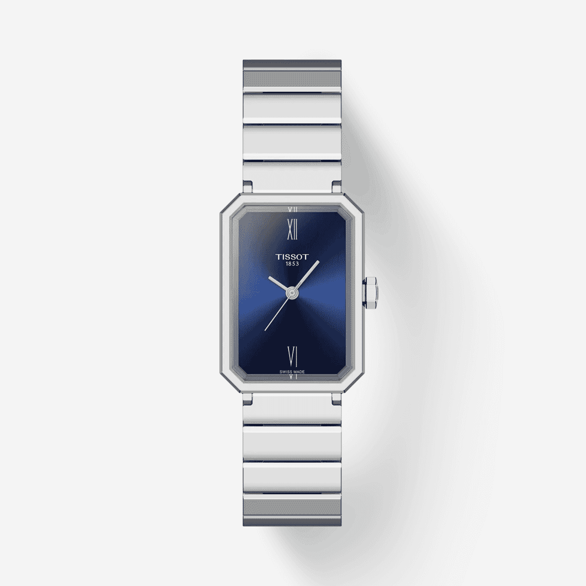 Reloj Tissot SRV 30mm con esfera azul y brazalete de acero inoxidable gris vista frontal - T1601101104300 Reloj Tissot SRV 30mm con esfera azul y brazalete de acero inoxidable gris vista frontal - T1601101104300