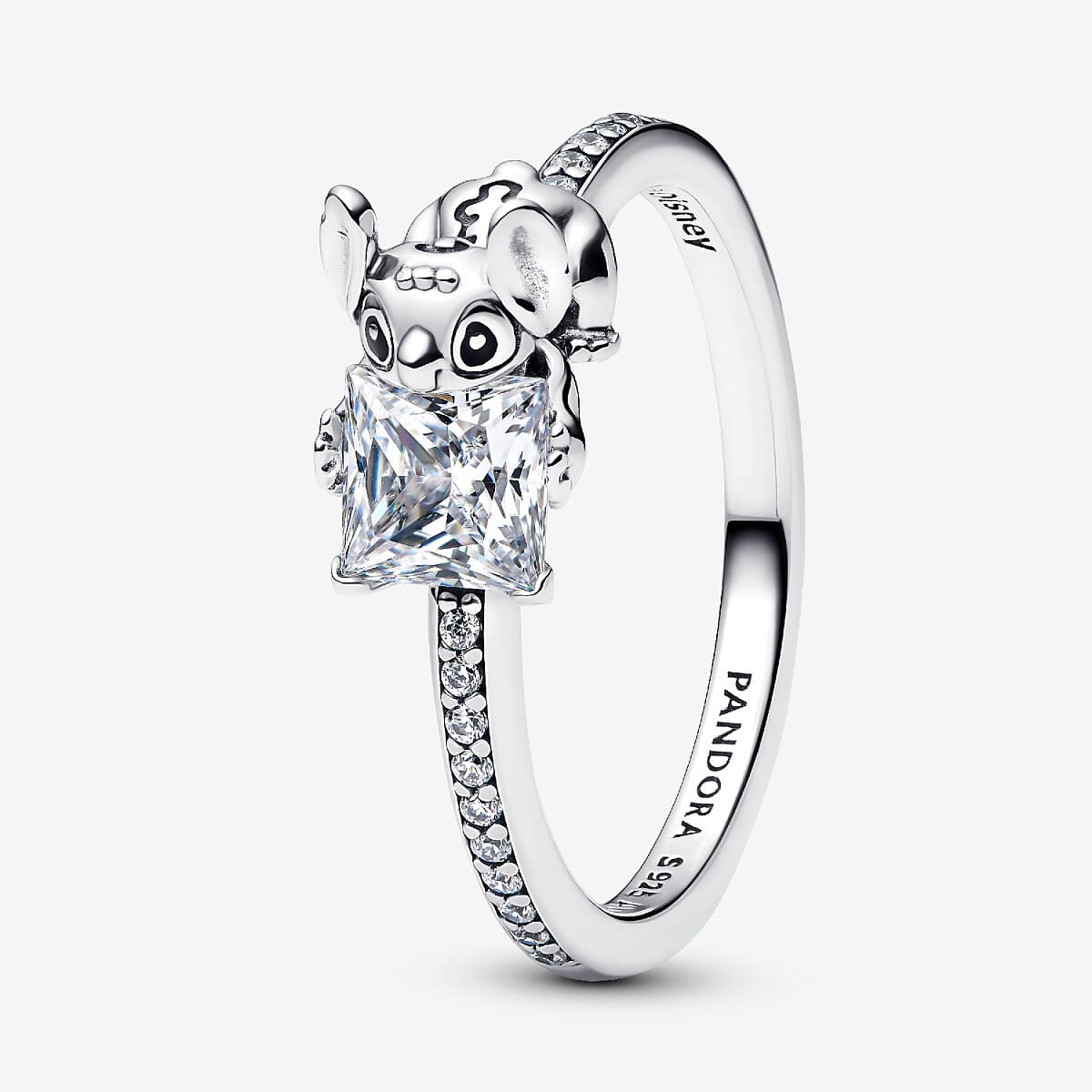 Anillo Gema y Stitch de Disney en plata de primera ley con circonita cúbica transparente vista frontal - 193740C01