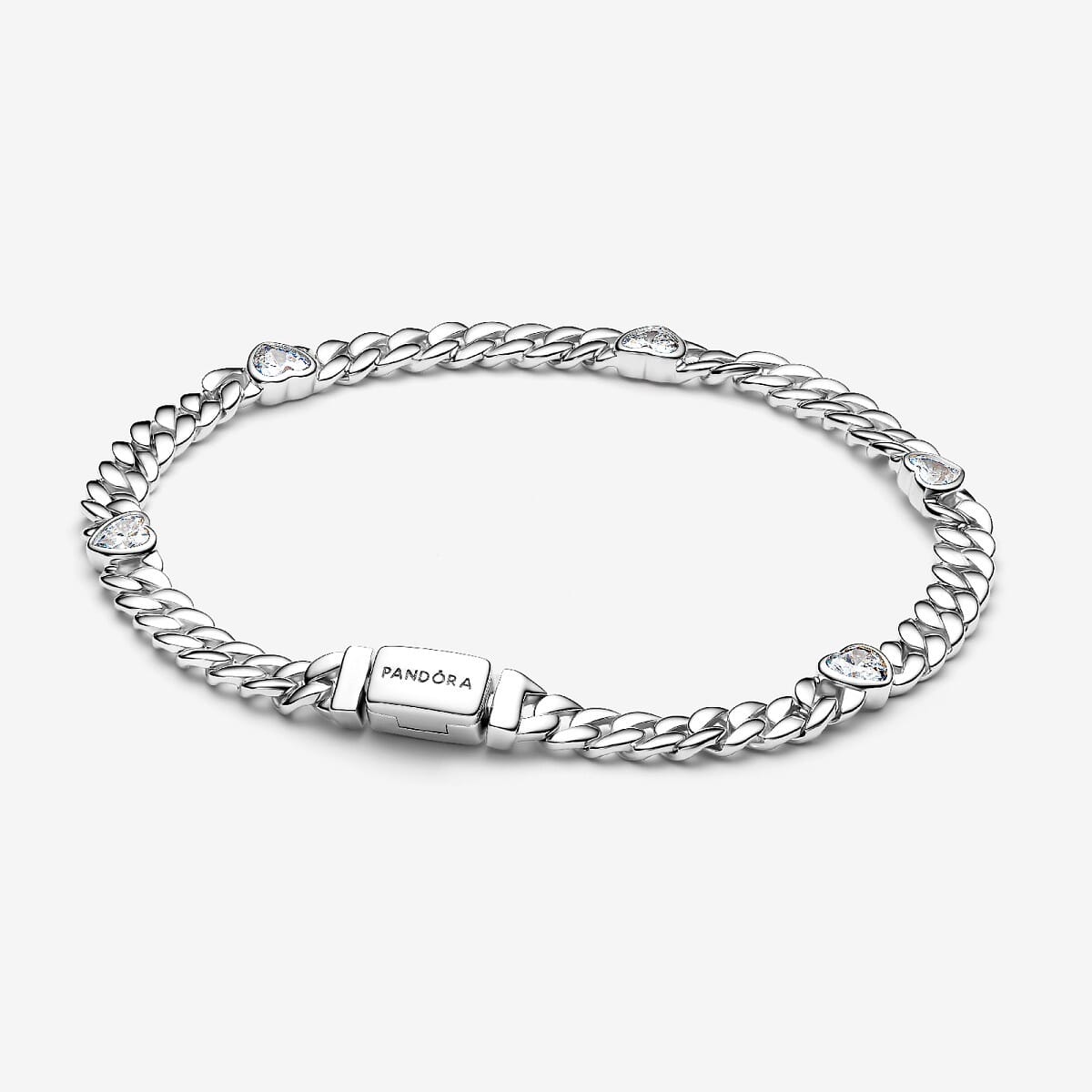 Pulsera de Cadena Cubana Corazón Pandora en plata de primera ley con circonitas cúbicas transparentes - 594226C01