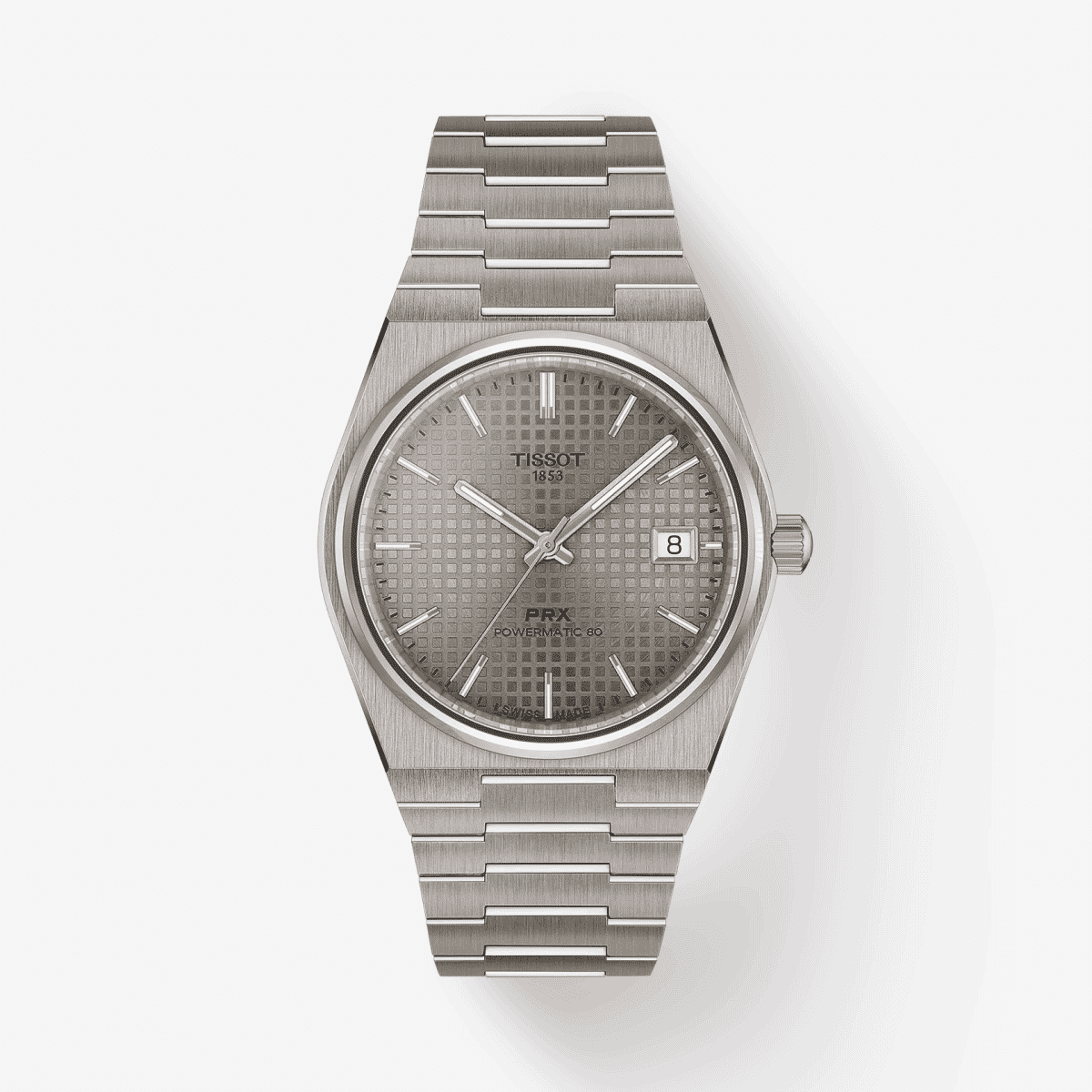 Reloj Tissot PRX Titanio 38mm con esfera gris y brazalete de titanio vista frontal - T1378074406100