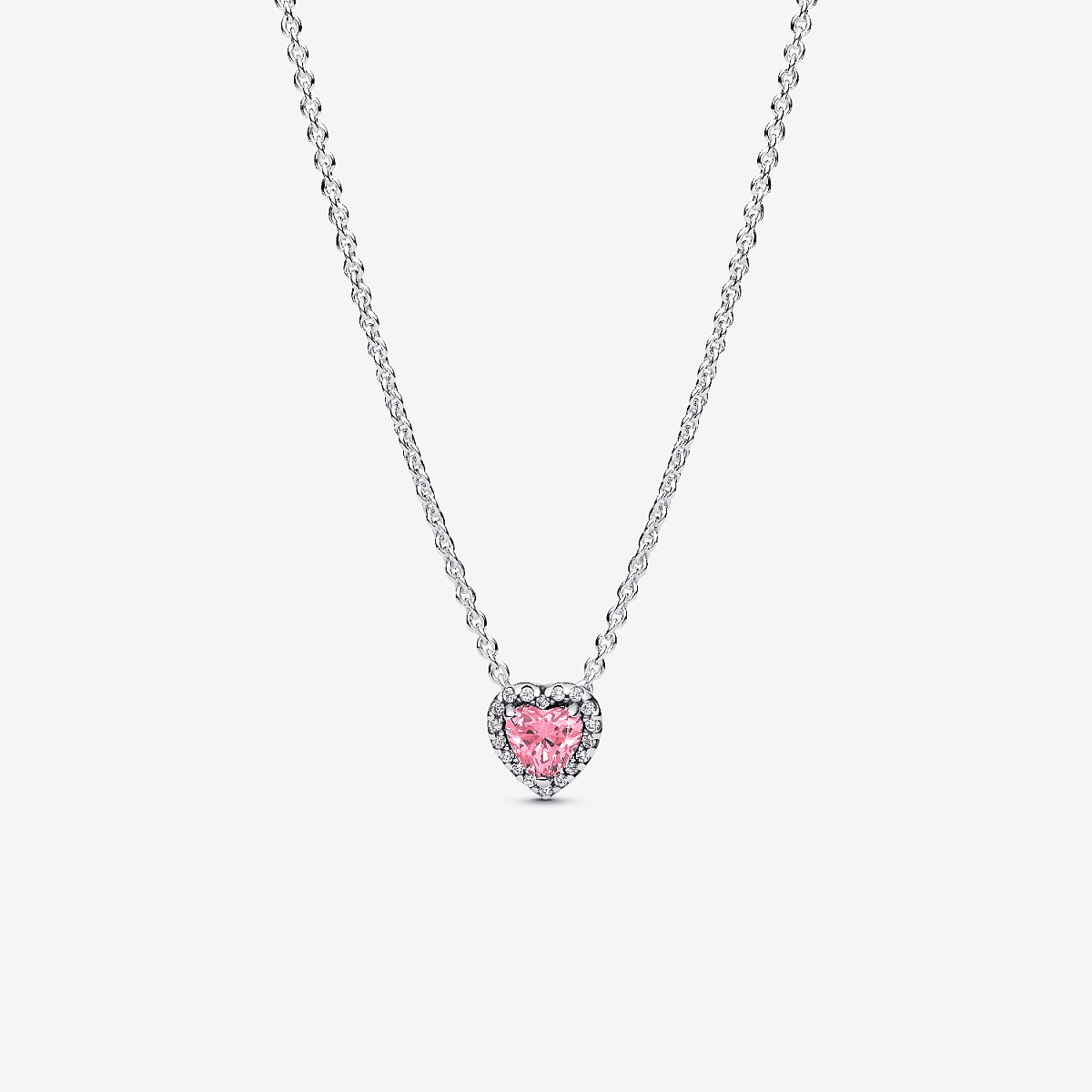 Vista frontal del Collar Pandora Corazón en Relieve en plata de ley con circonita rosa - 398425C02