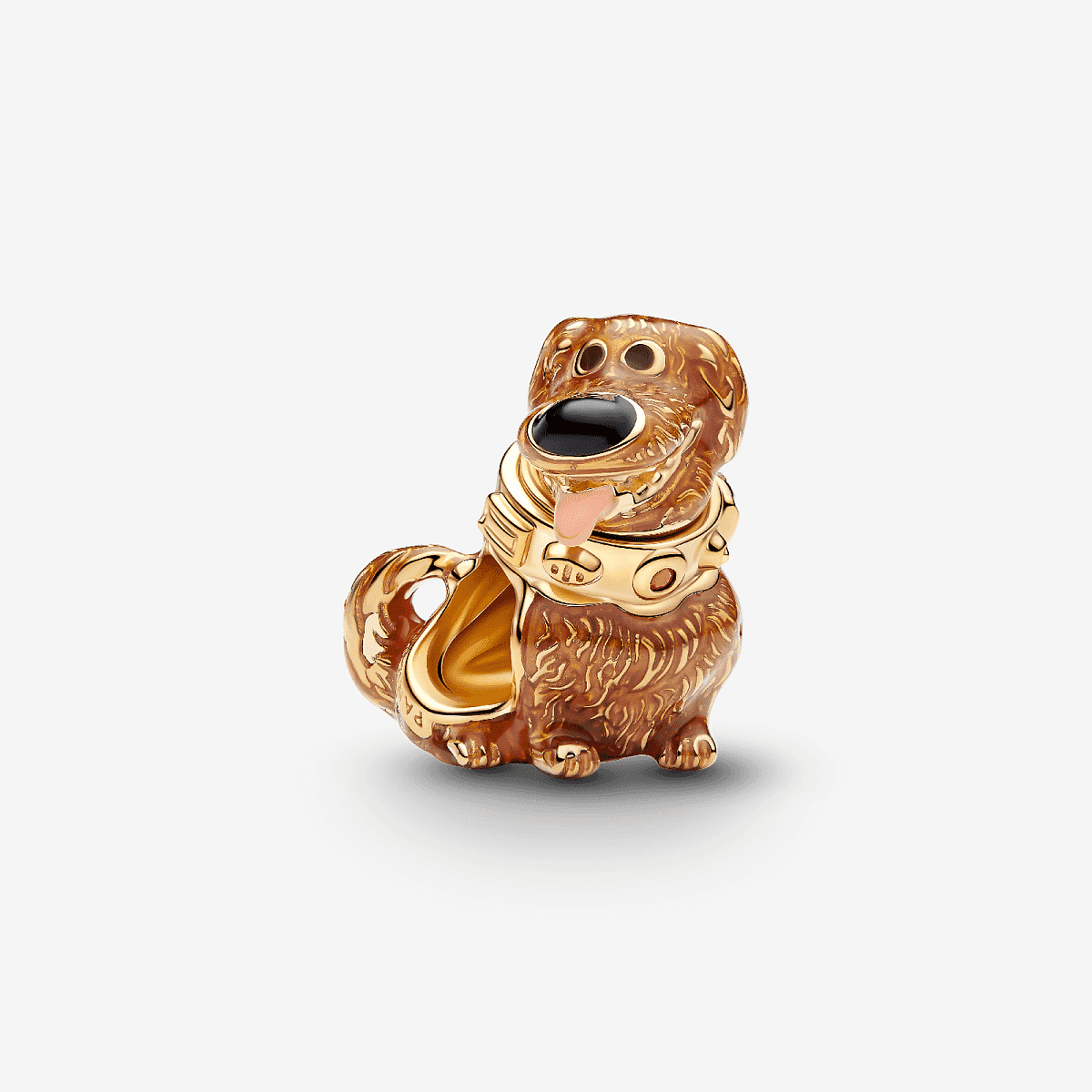 Vista frontal del Charm Pandora Dug de Up de Disney Pixar en chapado en oro y esmalte marrón - 764472C01