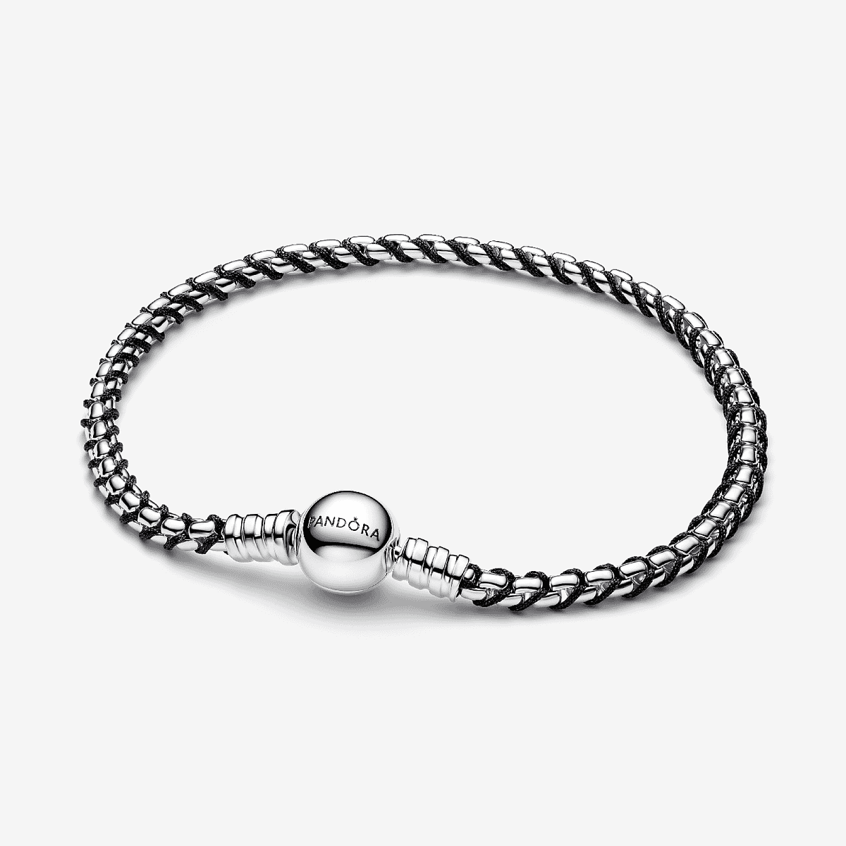 Vista frontal de la Pulsera Pandora Cadena Caja Cordón Negro en plata de ley y color negro - 593816C02