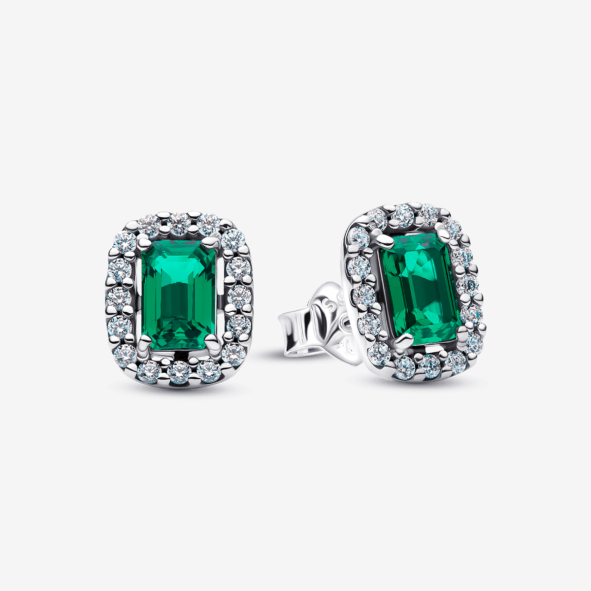 Vista frontal de los Pendientes Pandora de botón Halo Rectangular Verde Brillante en plata de ley y color verde - 294501C01