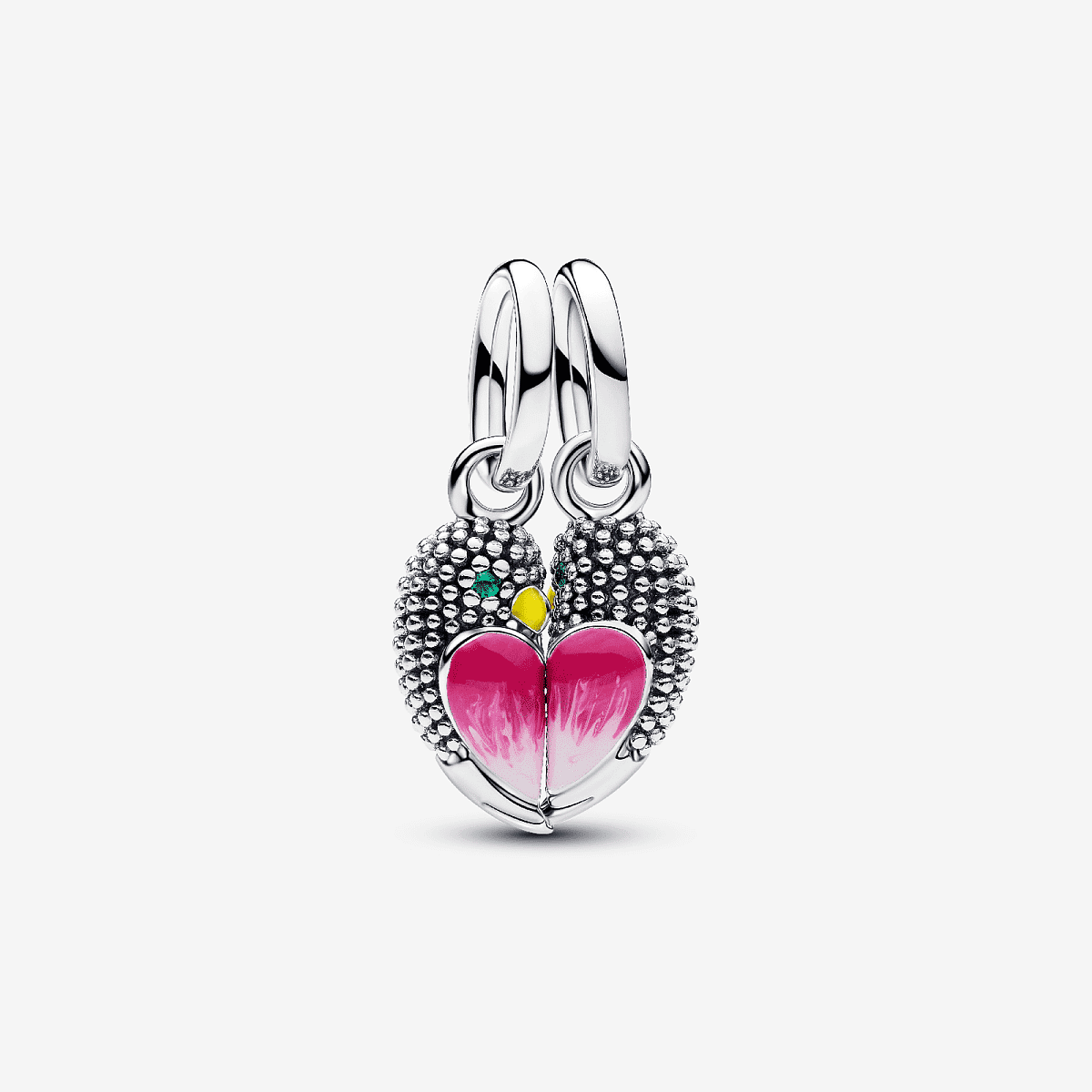 Vista frontal del Charm Colgante Pandora Divisible Pájaros Amor en plata de ley y esmalte rosa - 794484C01