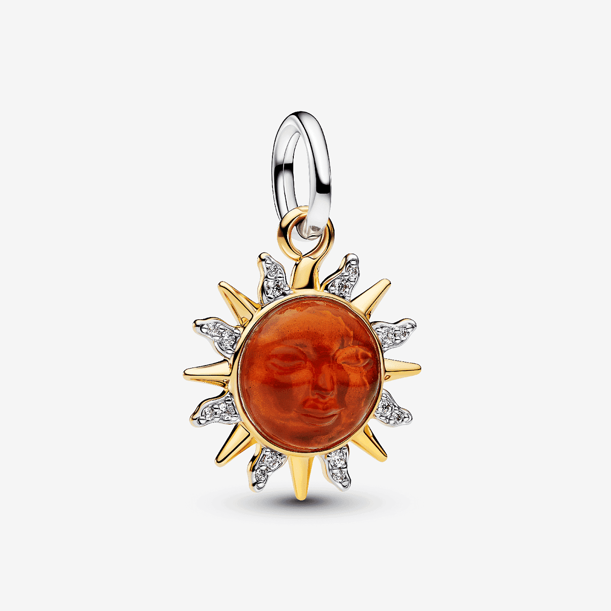 Vista frontal del Charm Colgante Pandora Sol Remolino en Dos Tonos en plata de ley y chapado en oro con cristal de Murano naranja - 764703C01
