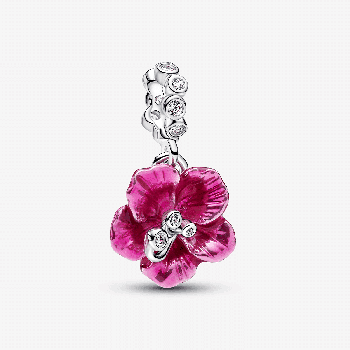 Vista frontal del Charm Colgante Pandora Flor de Hibisco en plata de ley y esmalte rosa - 794698C01