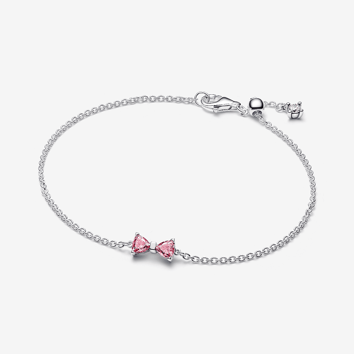 Vista frontal de la Pulsera Pandora Cadena Lazo en plata de ley con circonitas rosas - 594234C01