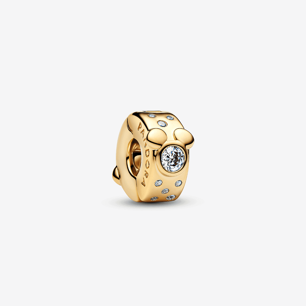 Vista frontal del Charm Pandora de Clip Mickey Mouse y Minnie Mouse dorado con circonitas transparentes - 764130C01