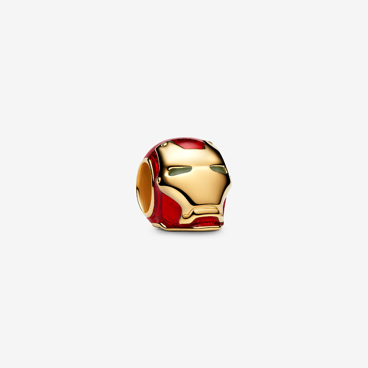 Vista frontal del Charm Pandora Casco de Iron Man de Marvel en color rojo y chapado en oro - 764213C01