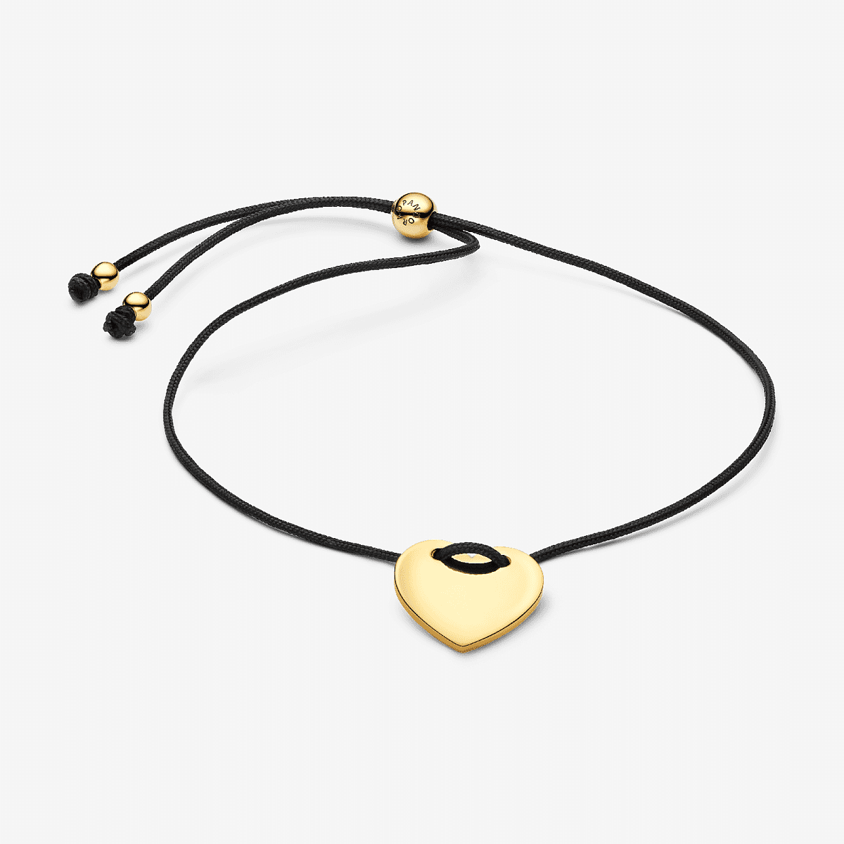Vista frontal de la Pulsera Pandora Grabable Cordón Negro con Cierre Deslizante en color negro y dorado chapado en oro - 564420C01