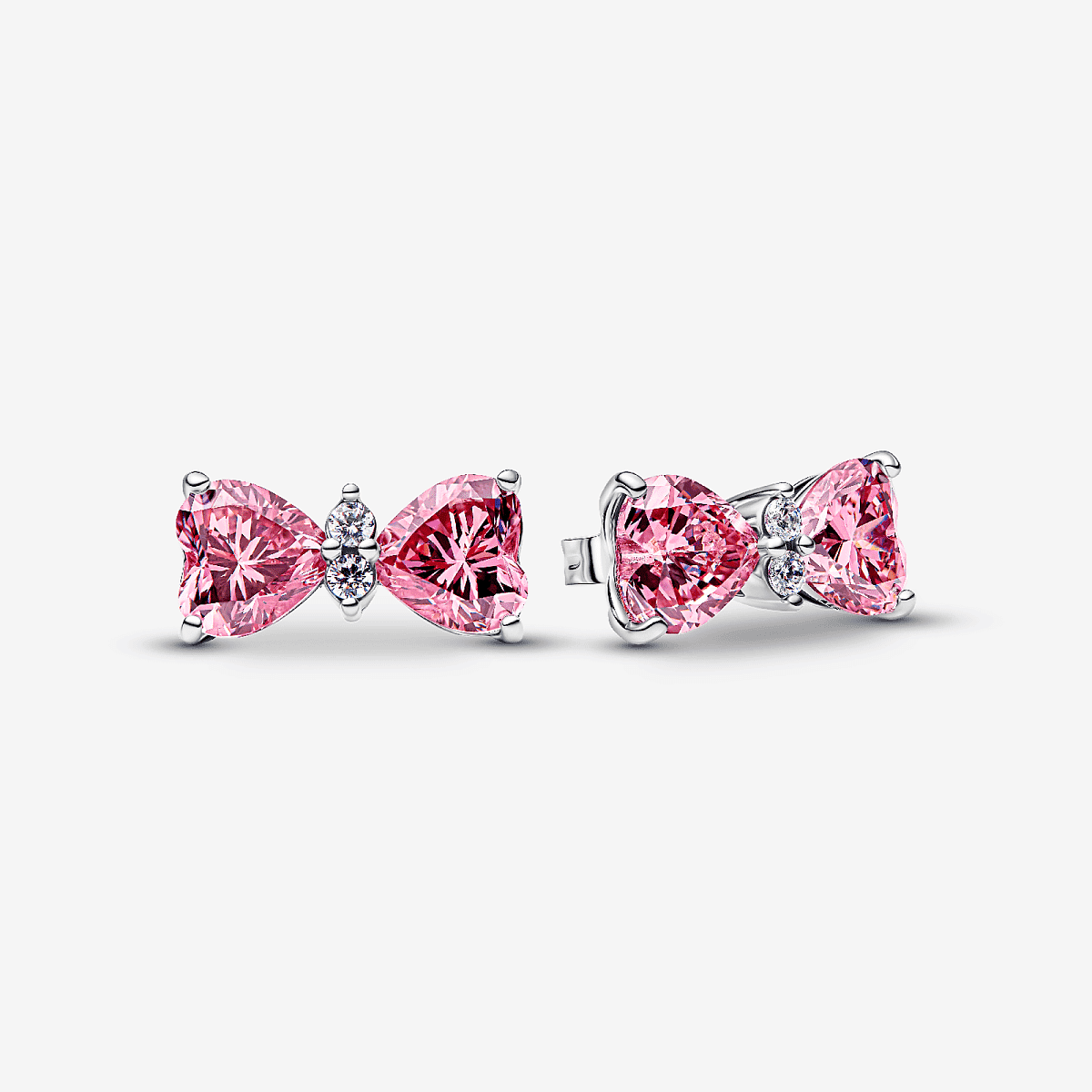 Vista frontal de los Pendientes Pandora de Botón Lazo Rosa en plata de ley y circonitas rosa - 294265C01