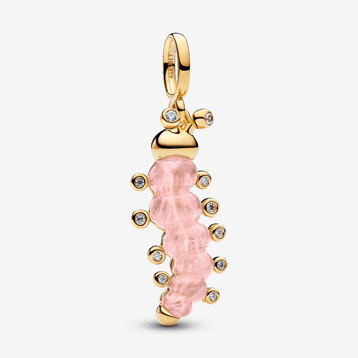 Vista frontal del Charm Pandora Oruga Rosa chapado en oro con cristal rosa y circonitas - 764489C01