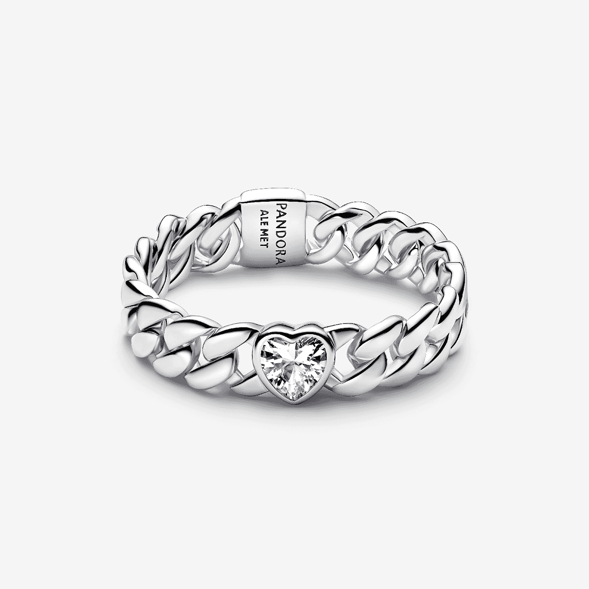 Vista frontal del Anillo Pandora Cadena Cubana Corazón en plata de ley con circonita transparente - 194386C01