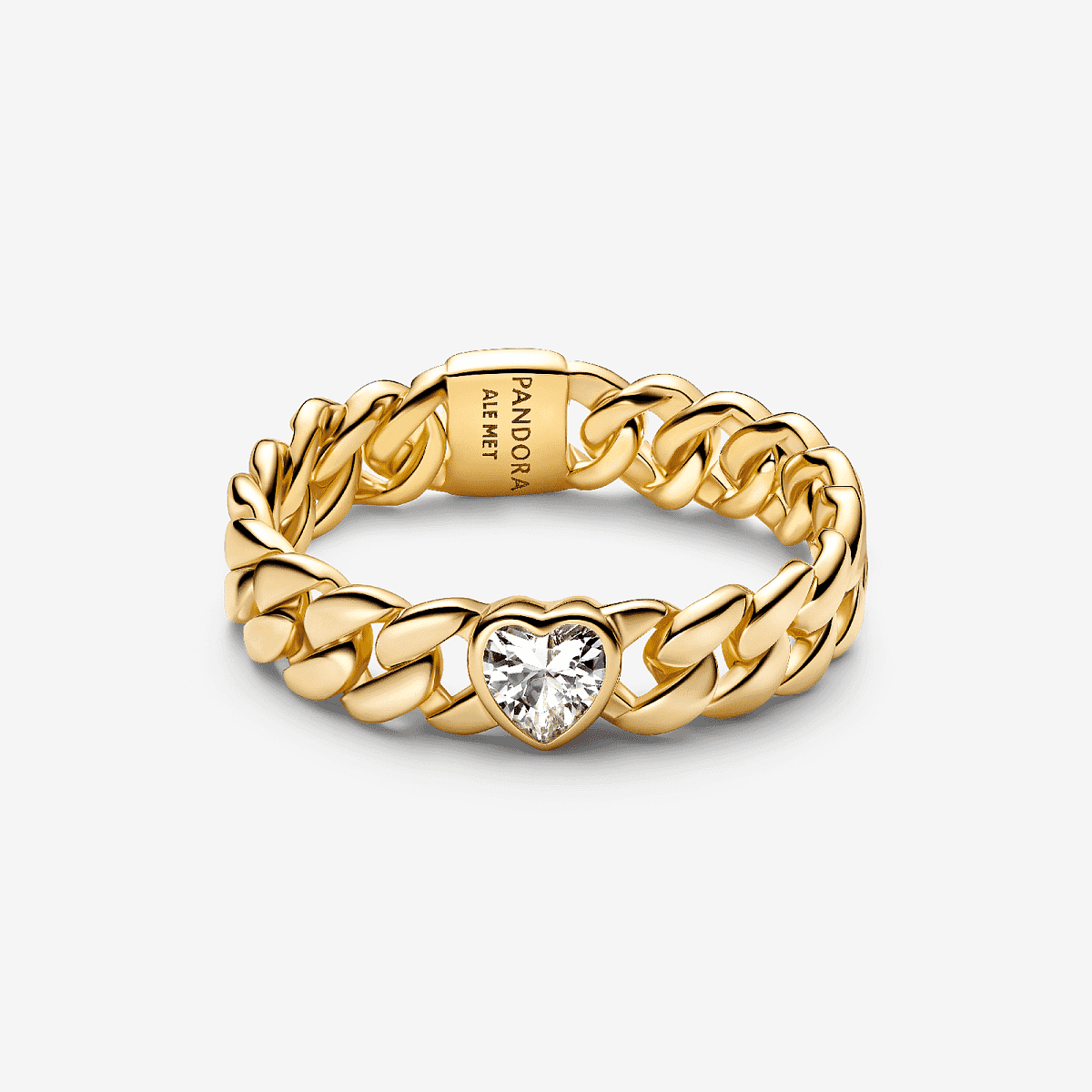 Vista frontal del Anillo Pandora Cadena Cubana Corazón chapado en oro con circonita transparente - 164386C01