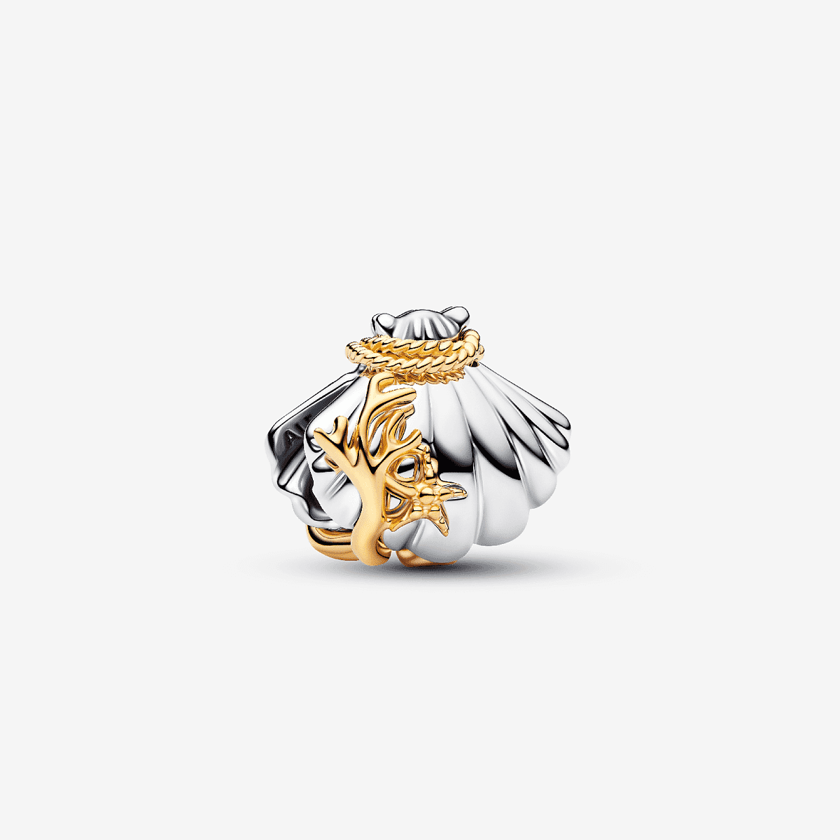 Vista frontal del Charm Pandora Concha en Dos Tonos de Ariel de Disney en plata y chapado en oro - 764403C01