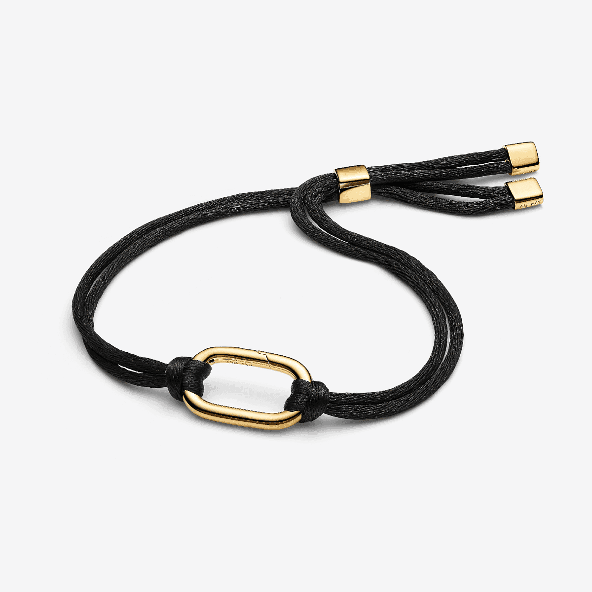 Vista frontal de la Pulsera Pandora Cordón Eslabón Link que se abre en color negro y dorado chapado en oro - 564680C01