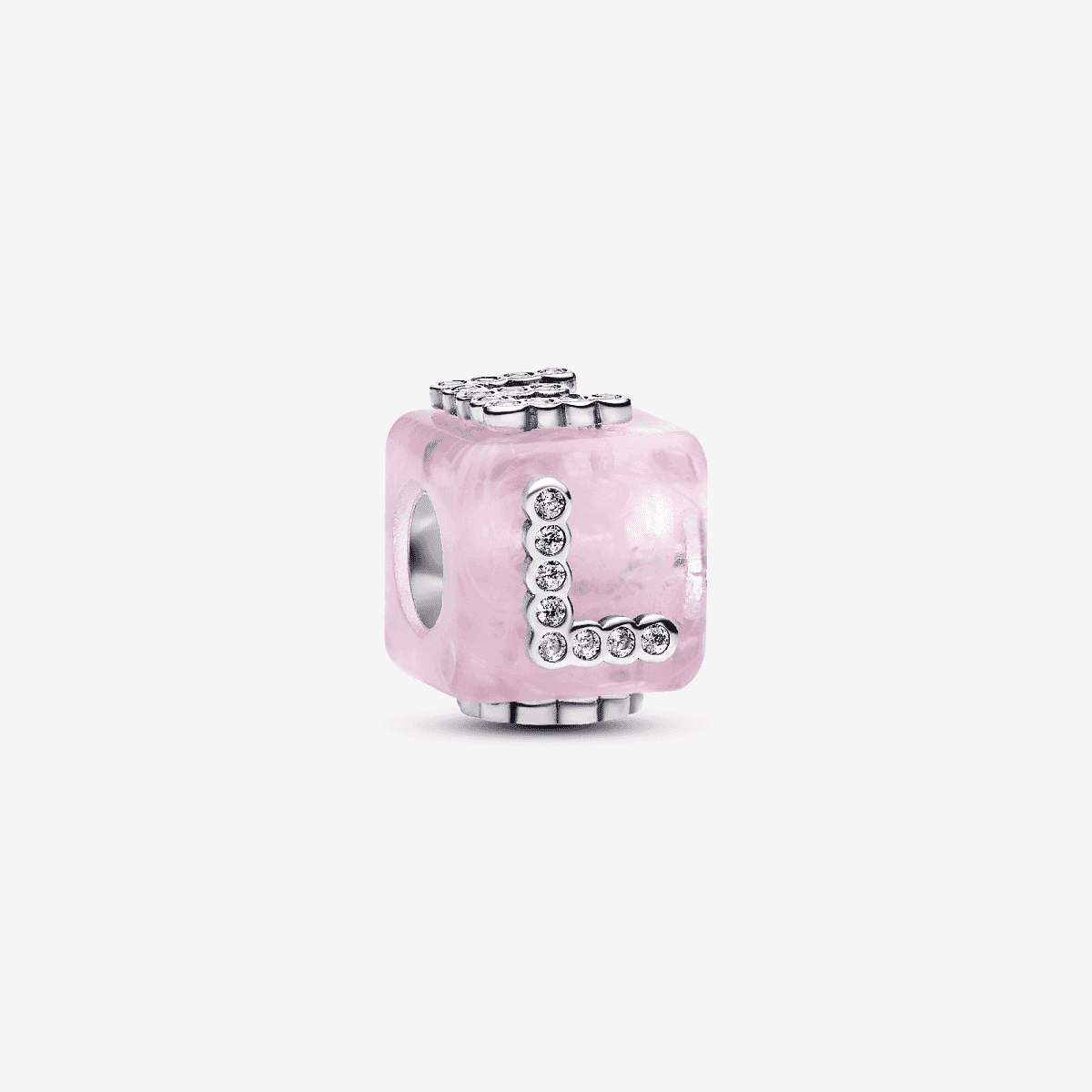 Vista frontal del Charm Pandora Cubo Amor Cristal de Murano Rosa en plata de ley y color rosa - 794433C01