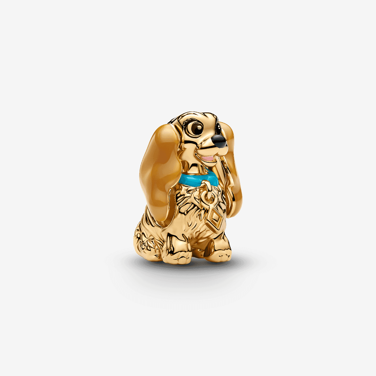 Vista frontal del Charm Pandora Reina de La Dama y el Vagabundo de Disney en chapado en oro y esmalte azul - 764468C01