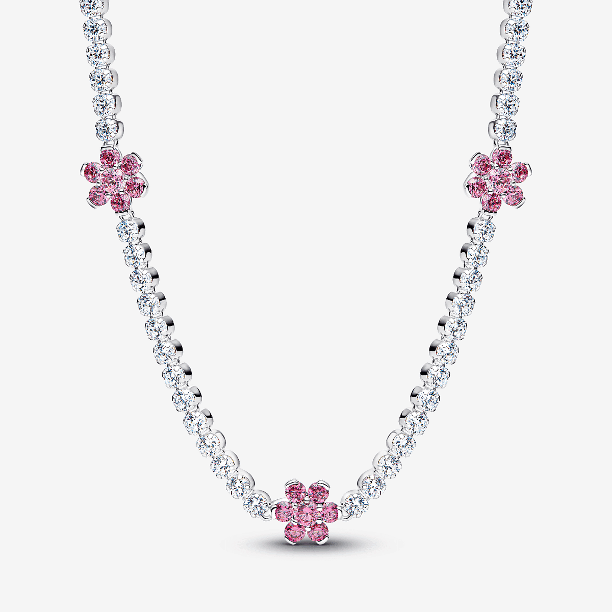 Vista frontal del Collar Pandora Tenis Flor Rosa en plata de ley con circonitas rosas - 394561C01