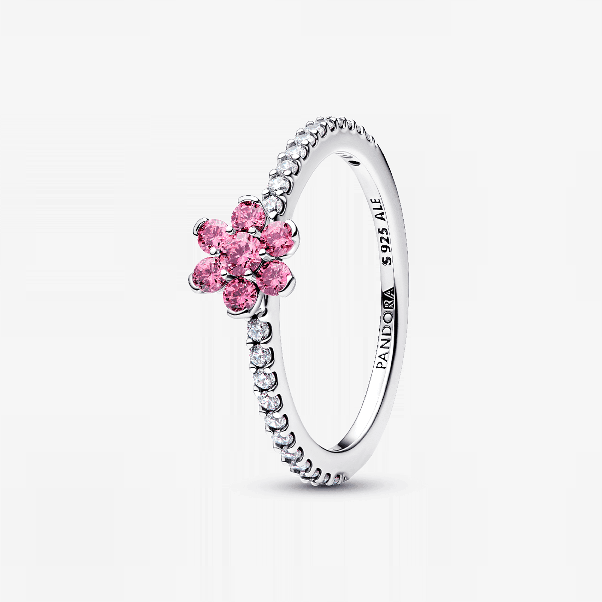Vista lateral del Anillo Pandora Flor Brillante Rosa en plata de ley con circonitas rosas - 194499C02