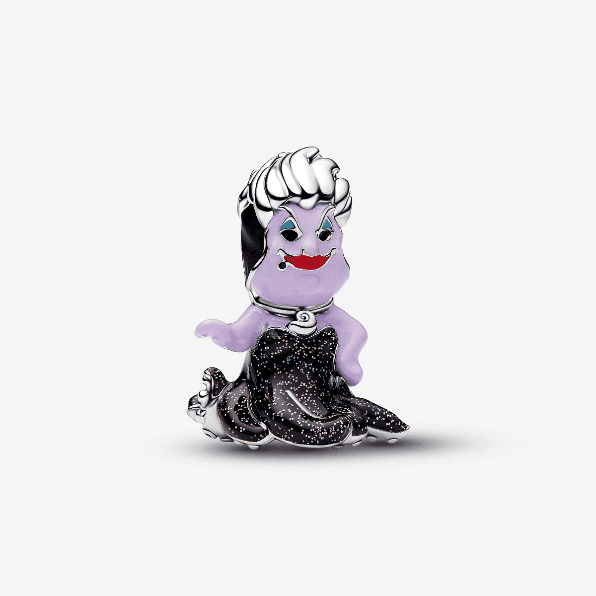 Vista frontal del Charm Pandora Úrsula de Villanos de Disney en plata de ley con detalles en esmalte negro y violeta - 794331C01