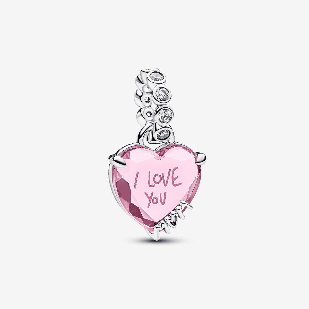 Vista frontal del Charm Colgante Pandora I Love You Mom en plata de ley con gema rosa - 794464C01