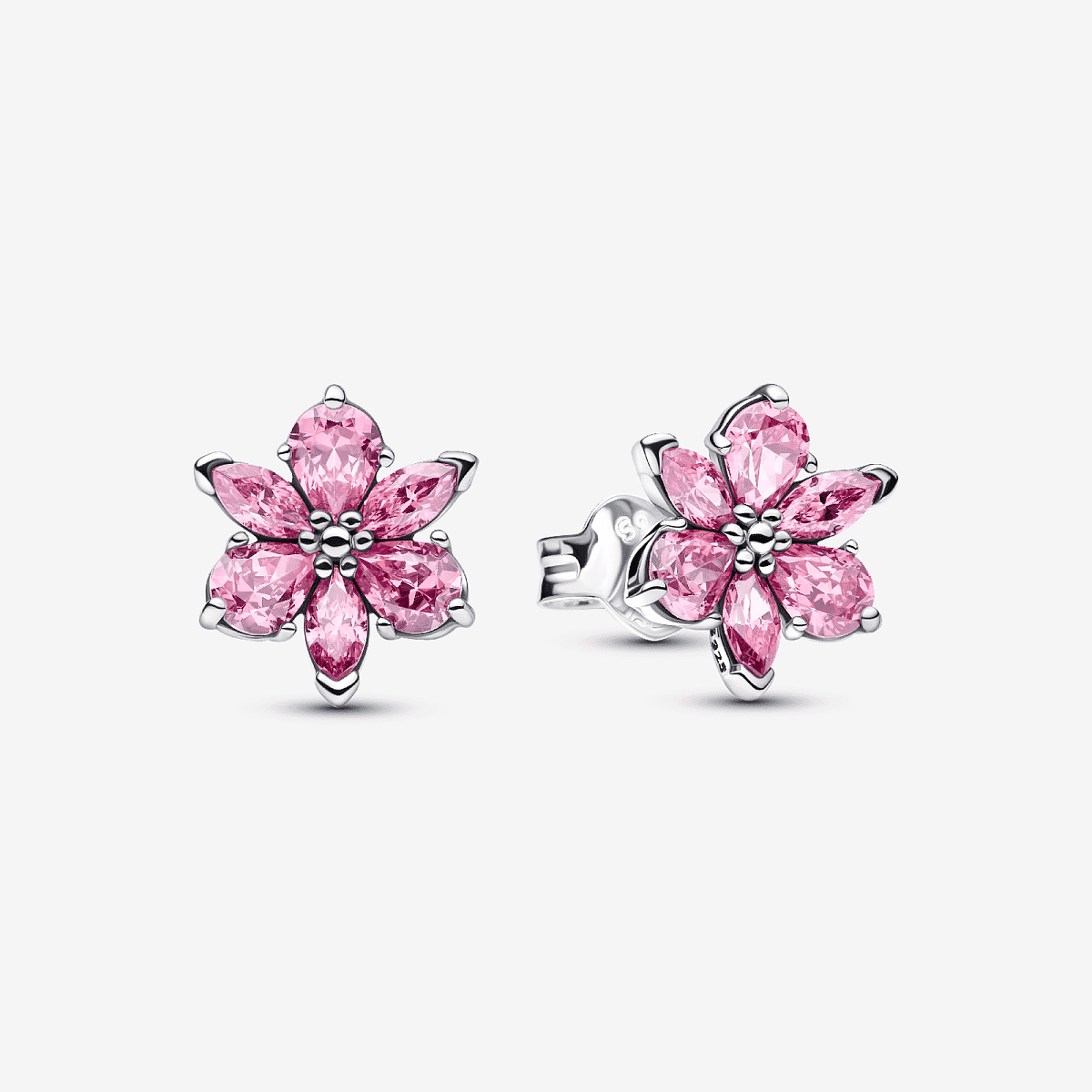 Vista frontal de los Pendientes Pandora de botón Herbario Flor Rosa Brillante en plata de ley y circonitas rosa - 292633C02