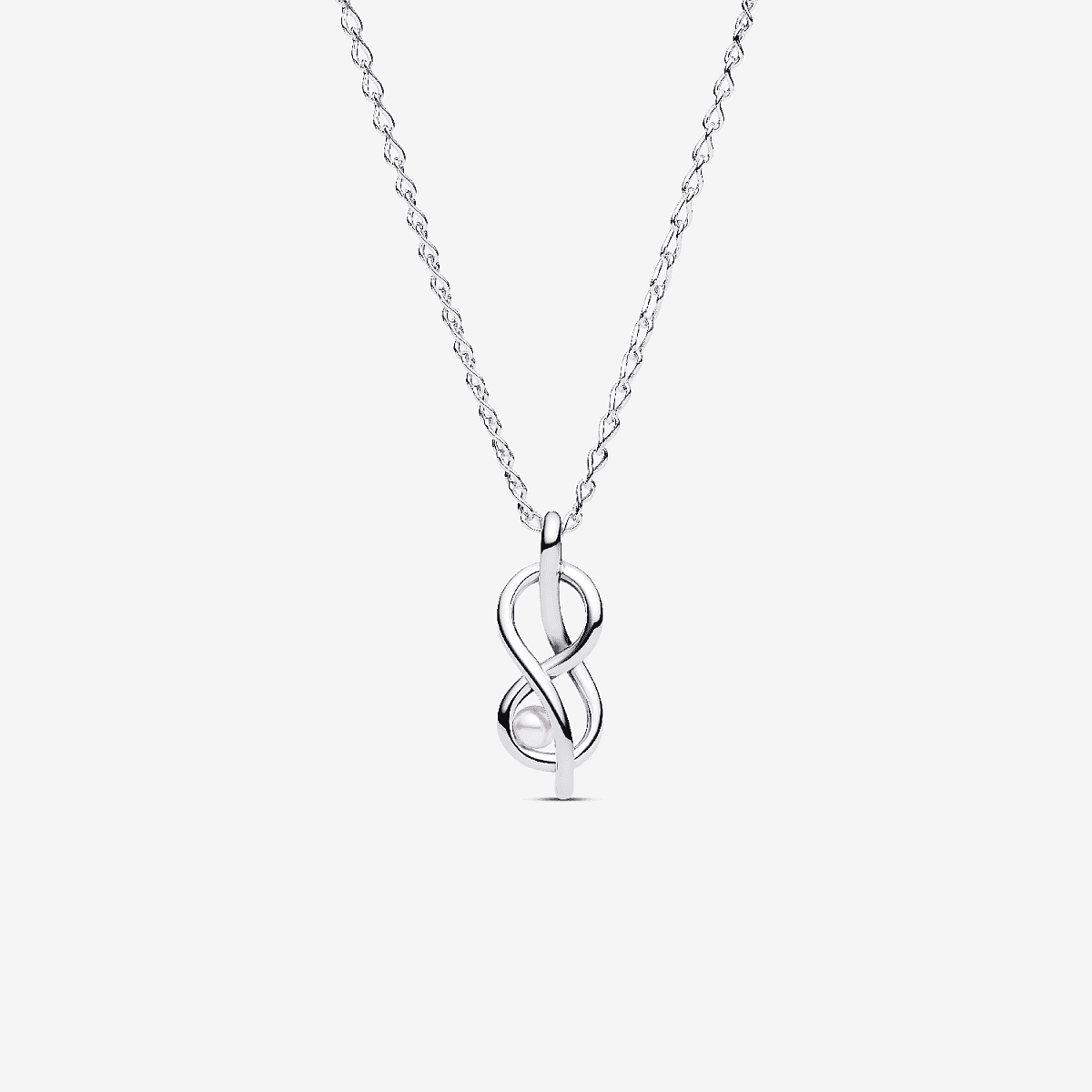 Collar Pandora Nudo Infinito de plata de ley con perla sintética rosa vista frontal - 393762C01