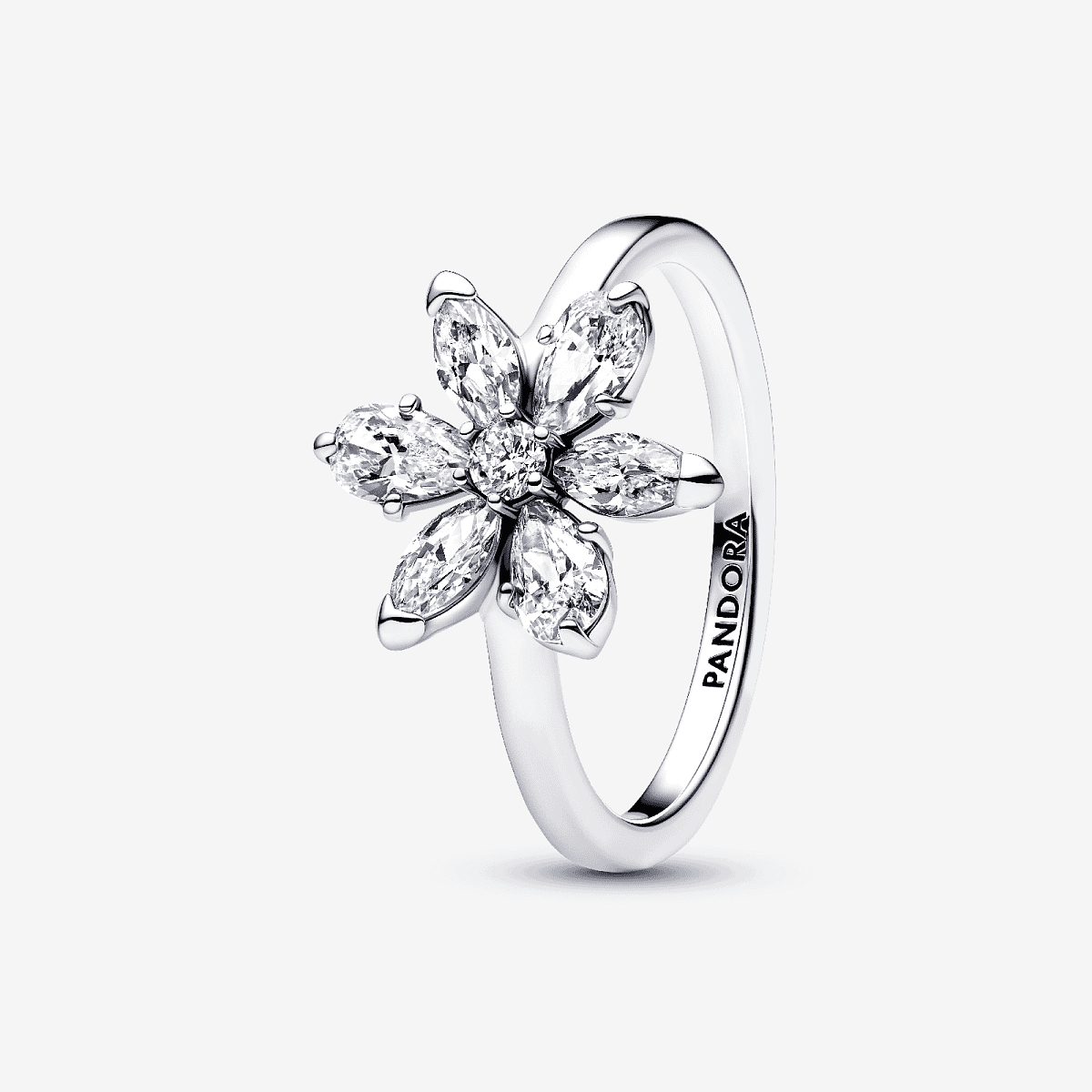 Vista frontal del Anillo Pandora Cóctel Herbario Flor Brillante en plata de ley y circonitas transparentes - 193000C02