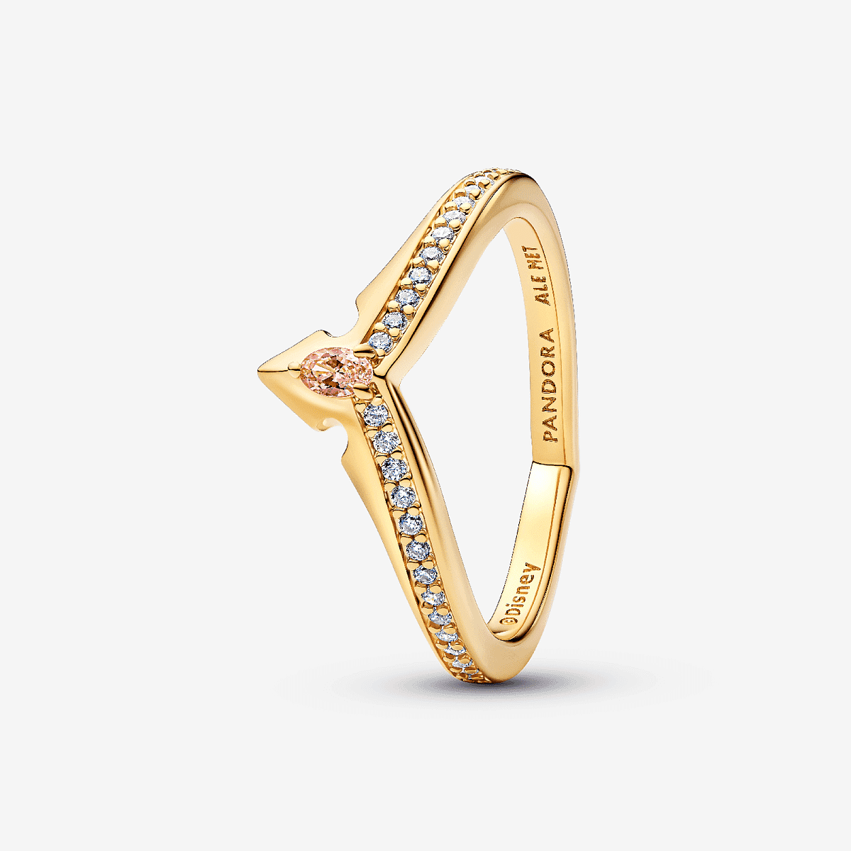 Vista lateral del Anillo Pandora Tiara Princesa Aurora de Disney chapado en oro con circonita rosa - 164334C01